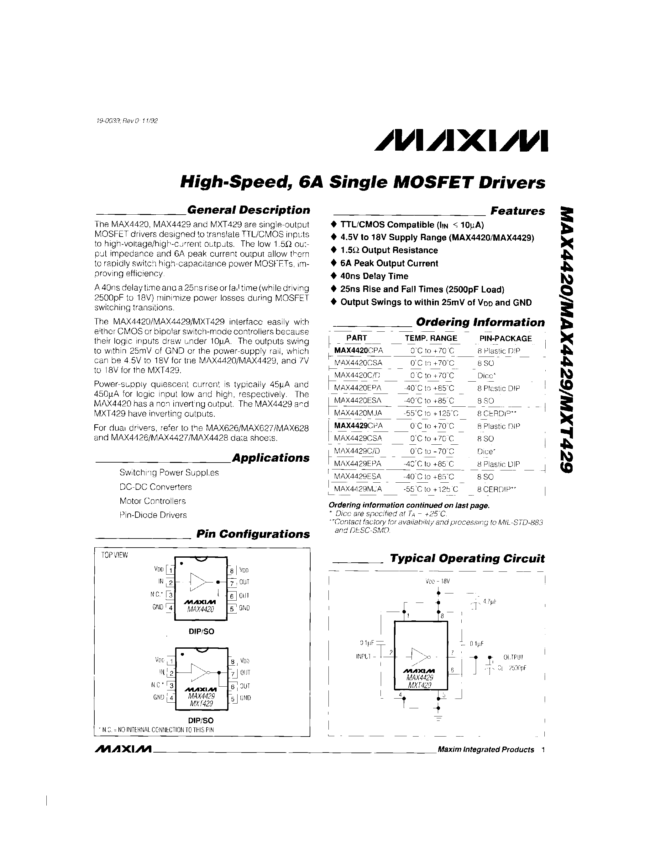 Datasheet MXT429C/D page 1 Datasheet MXT429C/D - High-Speed / 6A Single MOSFET Drivers page 1