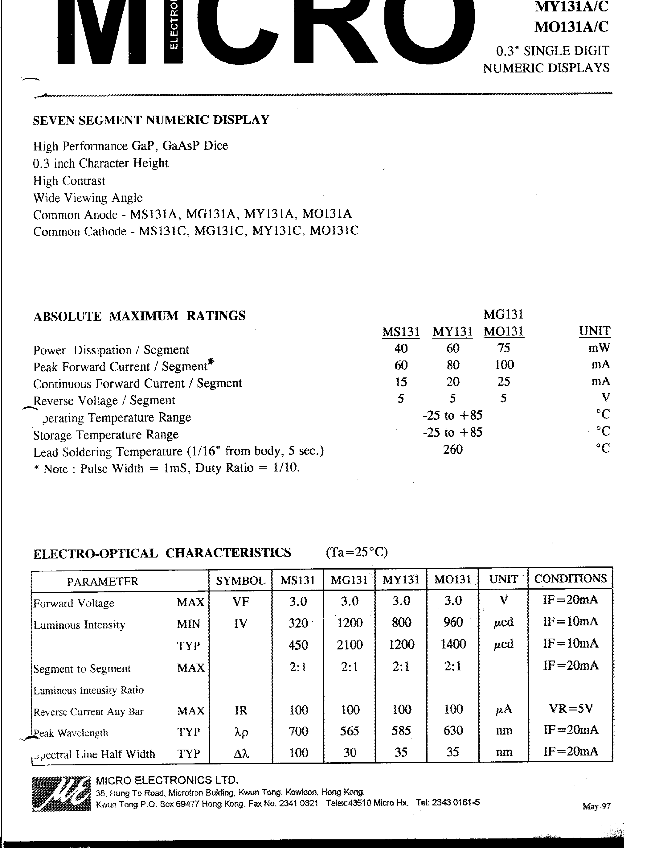 Datasheet MY131A-C - 0.3 SINGLE DIGIT NUMERIC DISPLAYS page 1