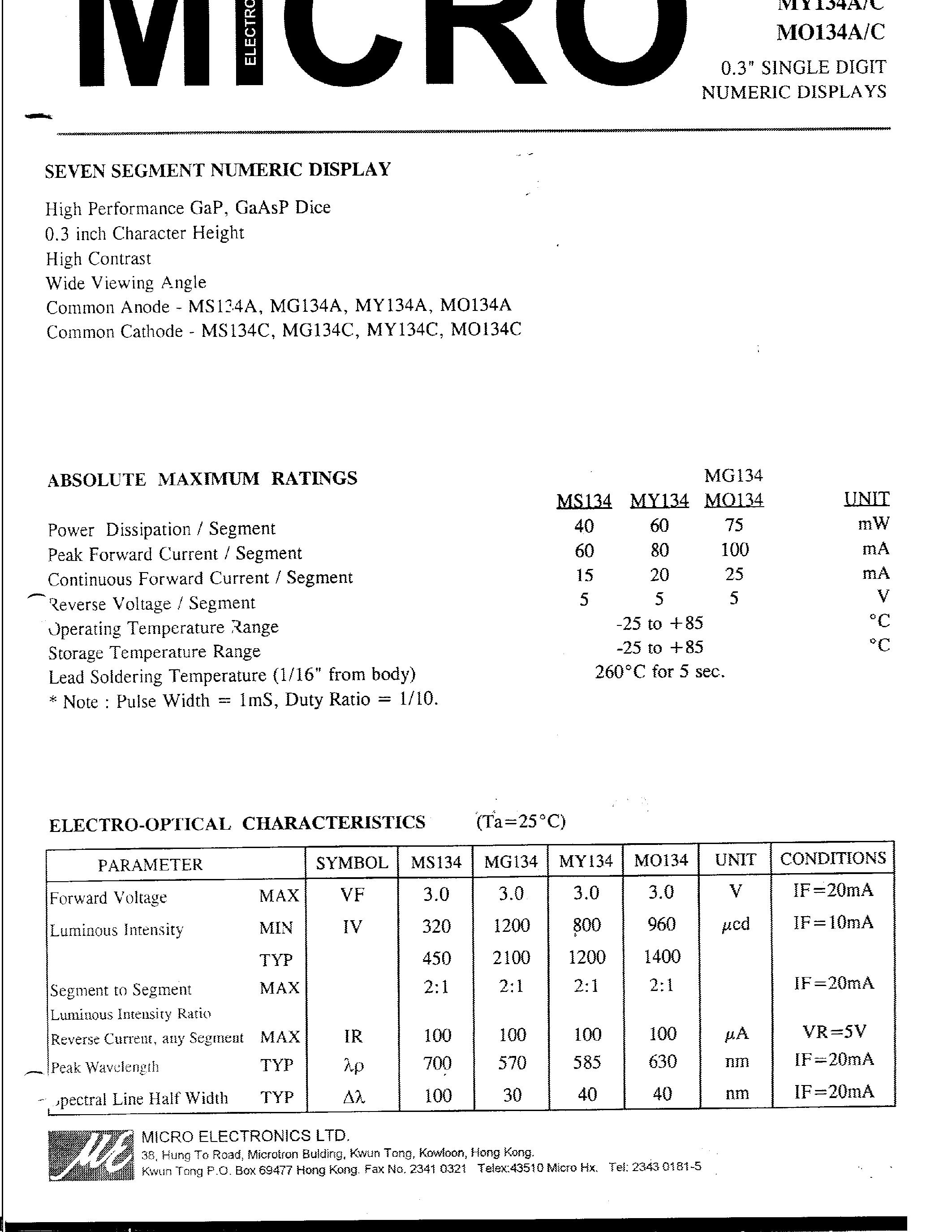 Datasheet MY134A-C - 0.3 SINGLE DIGIT NUMERIC DISPLAYS page 1