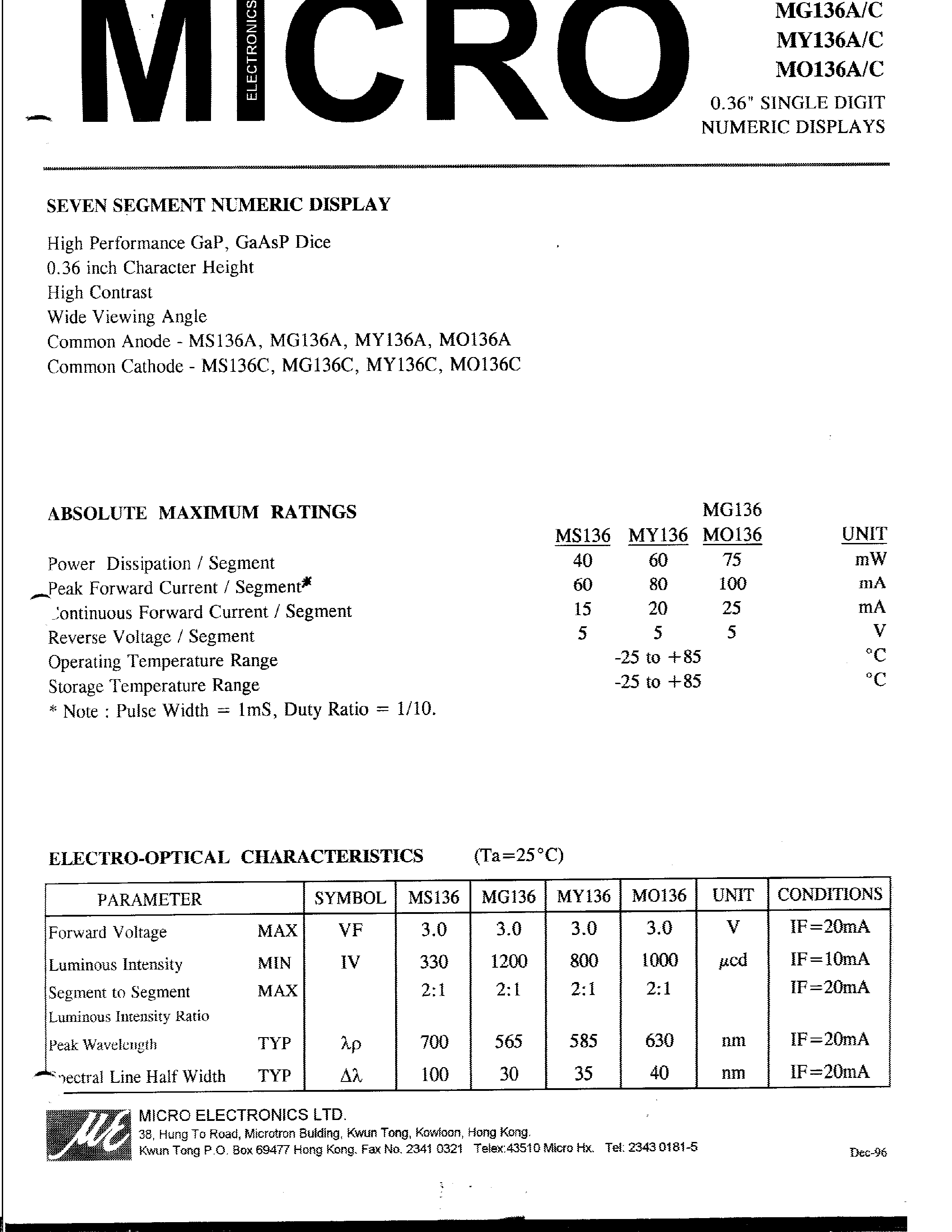 Datasheet MY136A - 0.36 SINGLE DIGIT NUMERIC DISPLAYS page 1