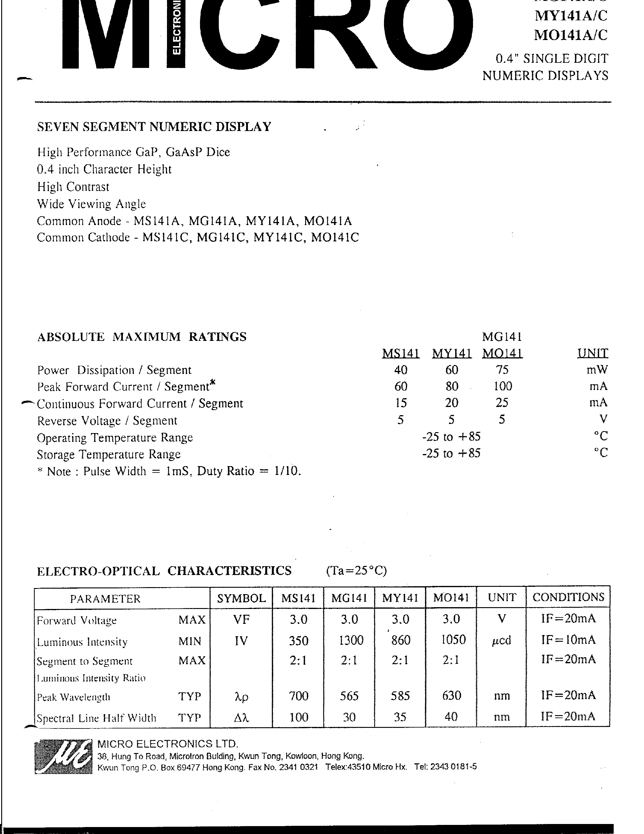 Datasheet MY141A - 0.4 SINGLE DIGIT NUMERIC DISPLAYS page 1