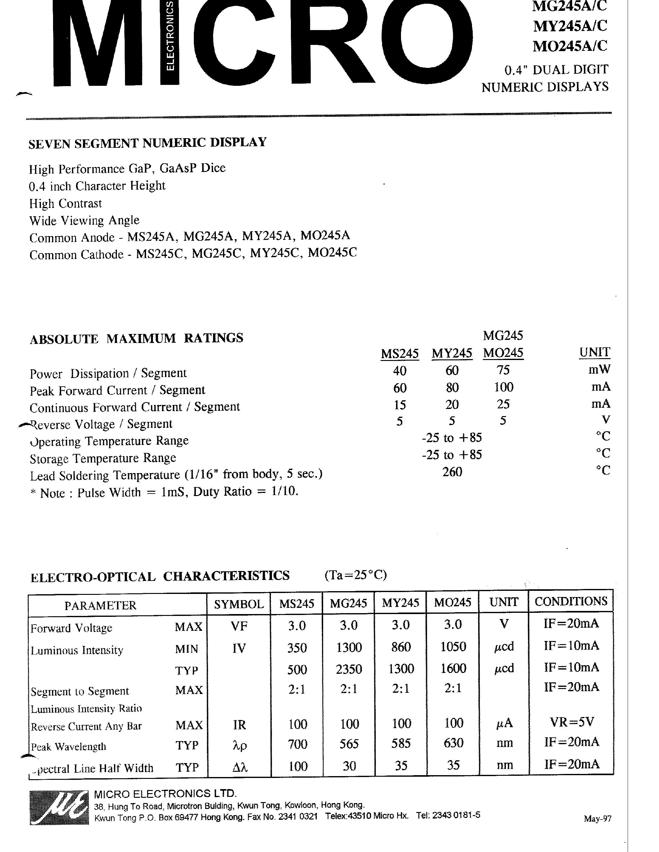 Datasheet MY245C - 0.4 DUAL DIGIT NUMERIC DISPLAYS page 1