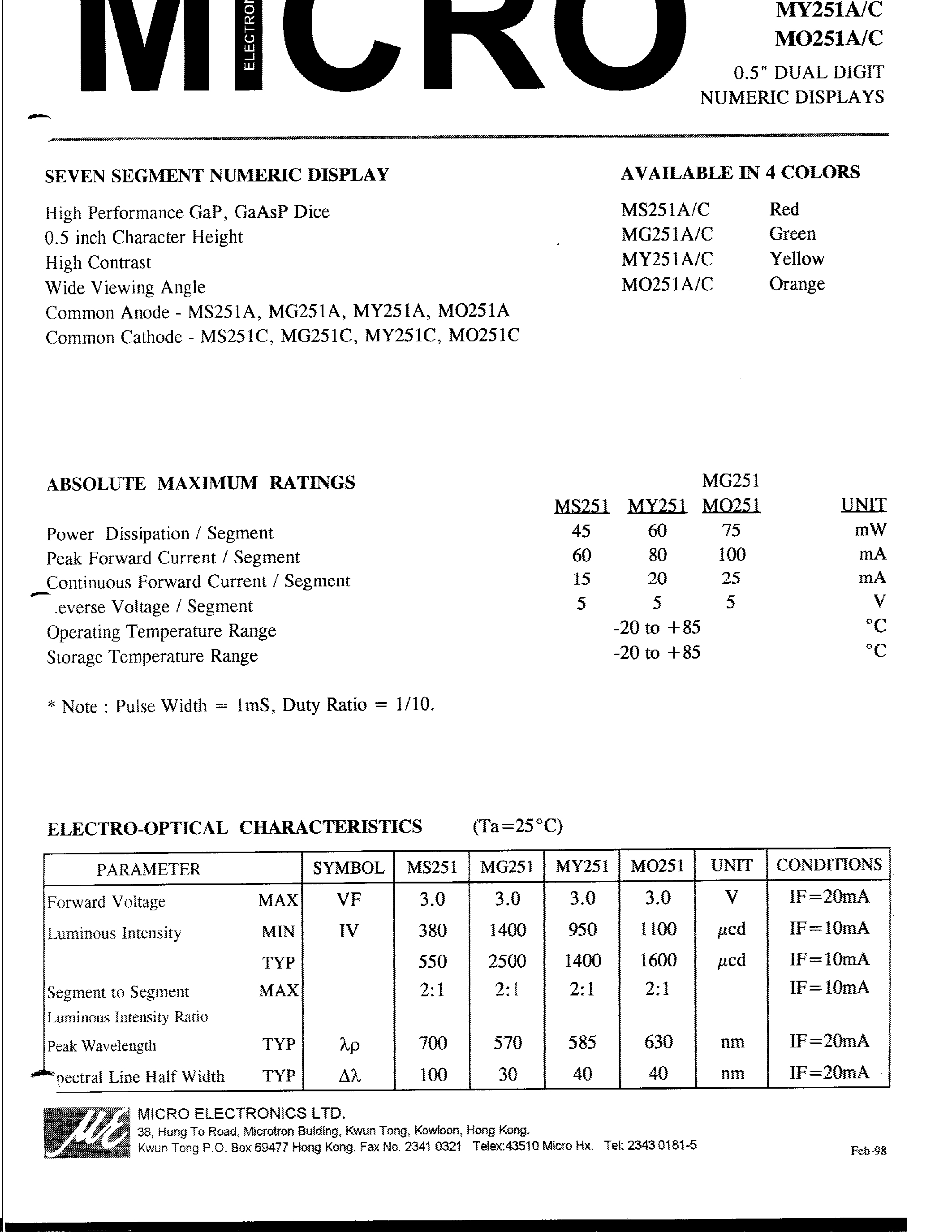 Datasheet MY251A - 0.5 DUAL DIGIT NUMERIC DISPLAYS page 1