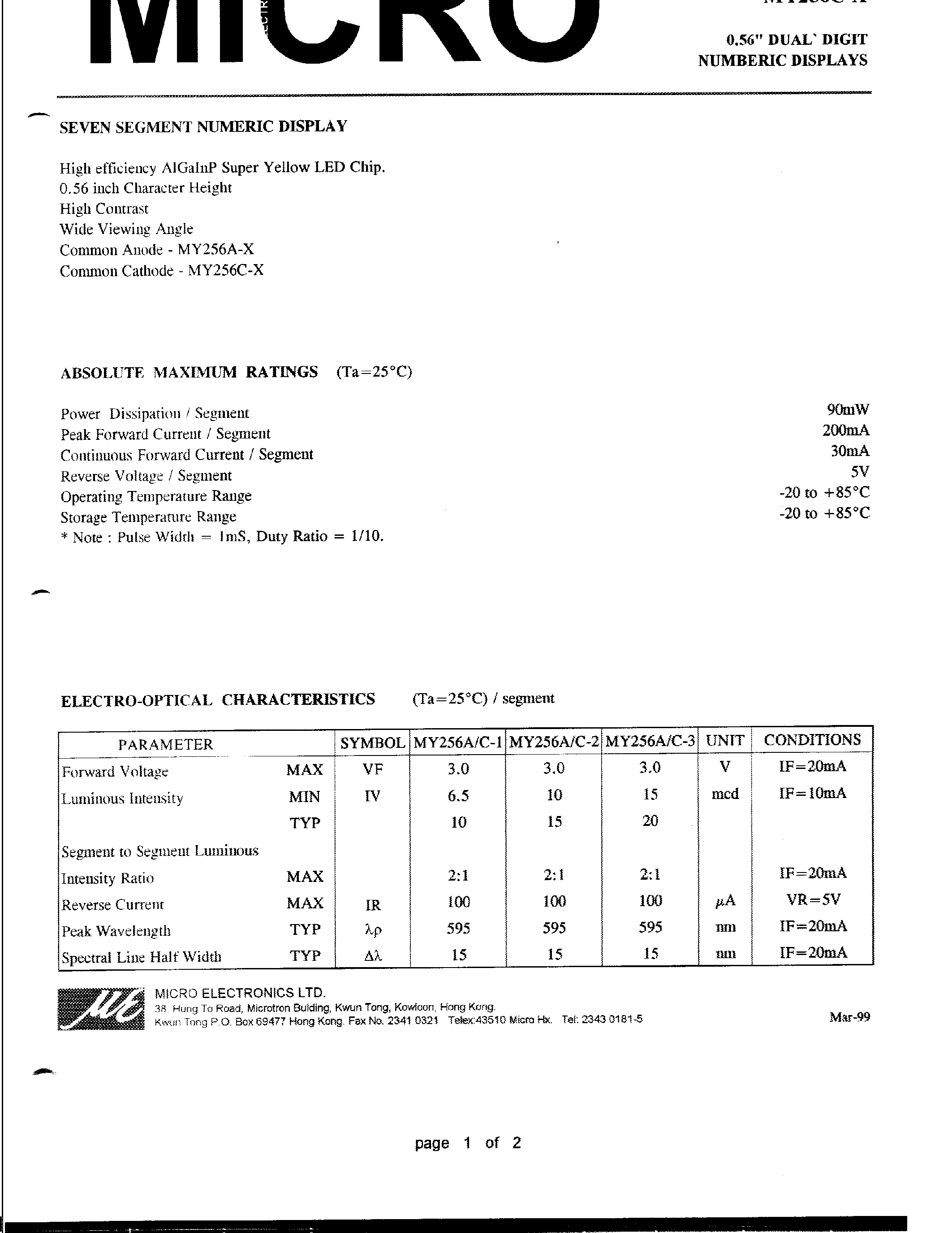 Datasheet MY256A-X page 1 Datasheet MY256A-X - 0.56 DUAL DIGIT NUMBERIC DISPLAYS page 1