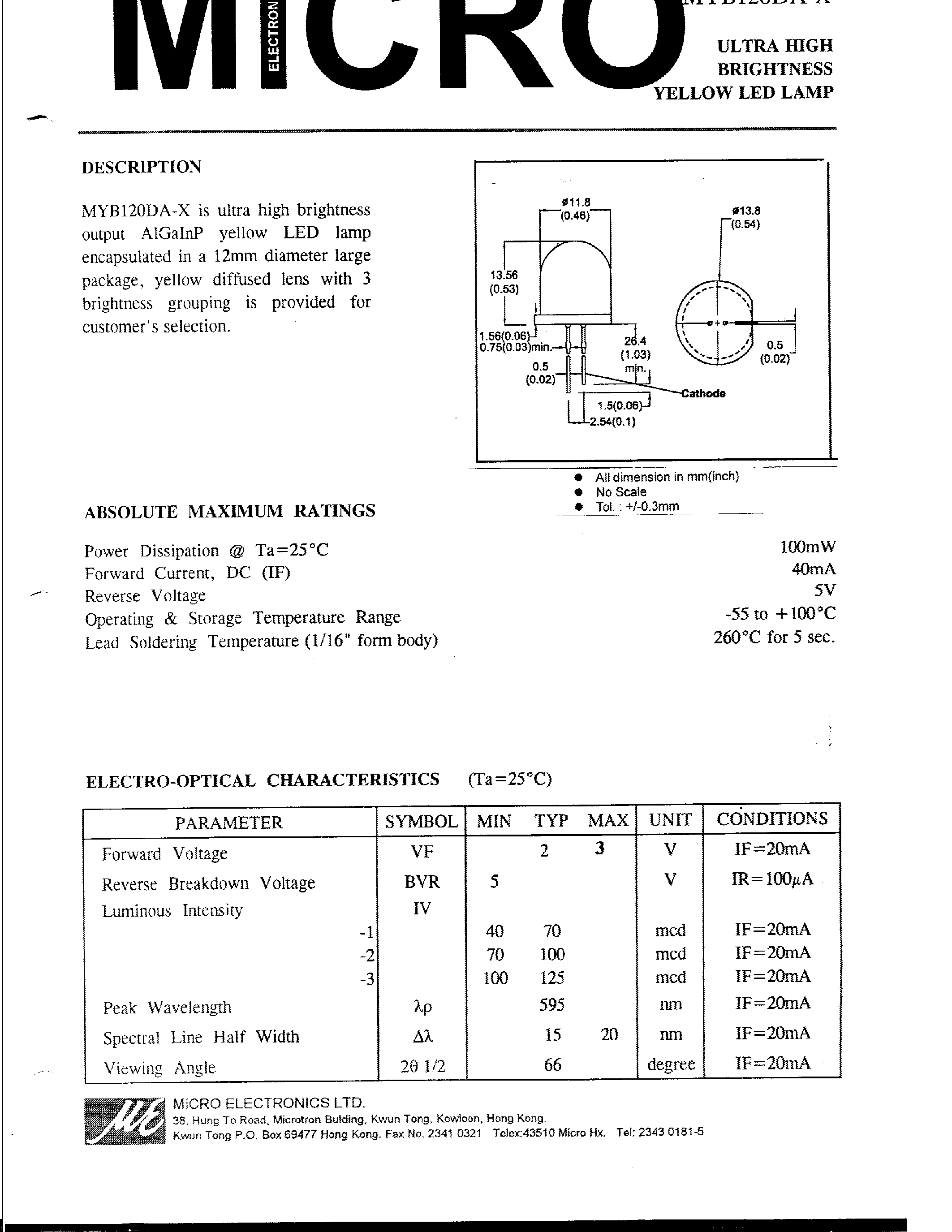 Datasheet MYB120DA-3 - ULTRA HIGH BRIGHTNESS YELLOW LED LAMP page 1