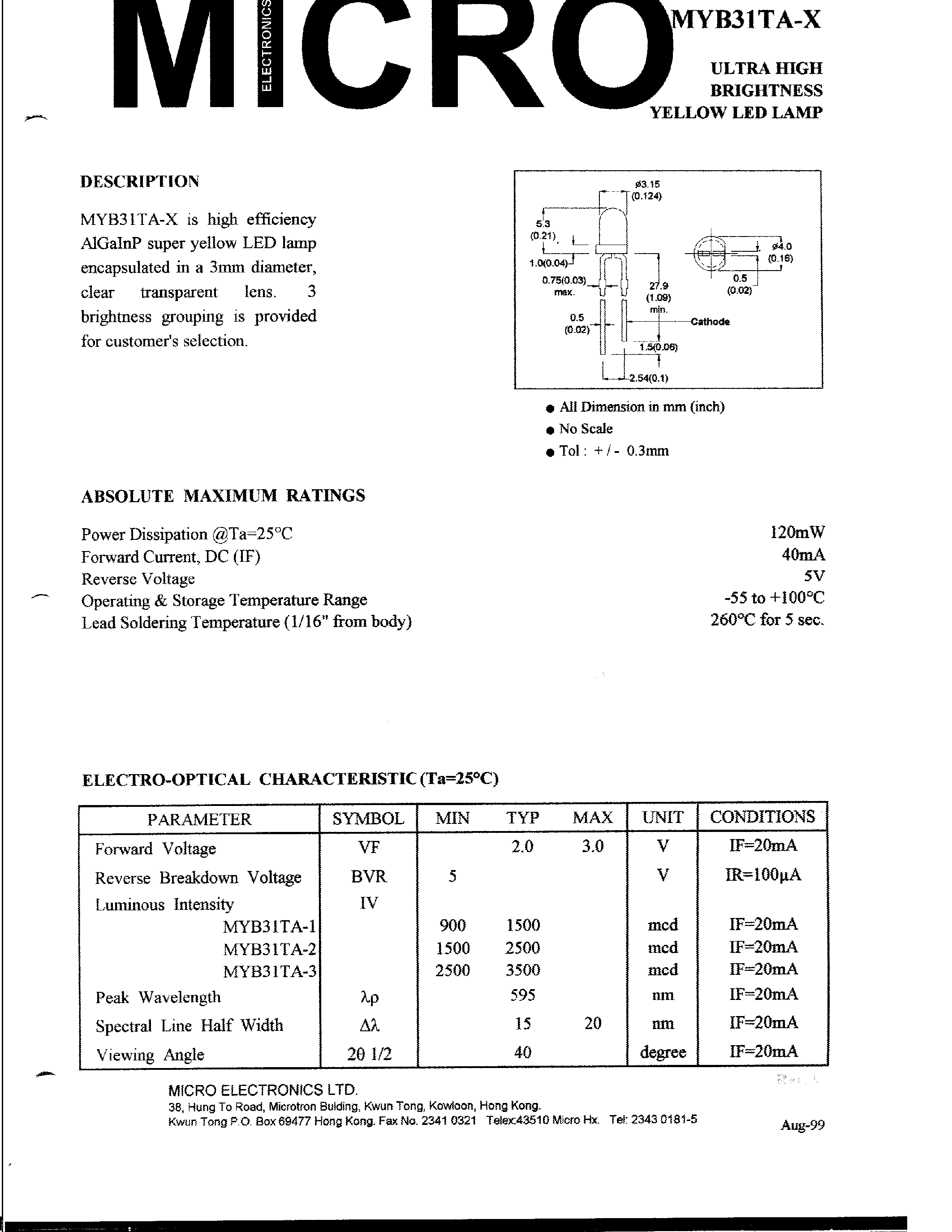 Datasheet MYB31TA-2 - ULTRA HIGH BRIGHTNESS YELLOW LED LAMP page 1