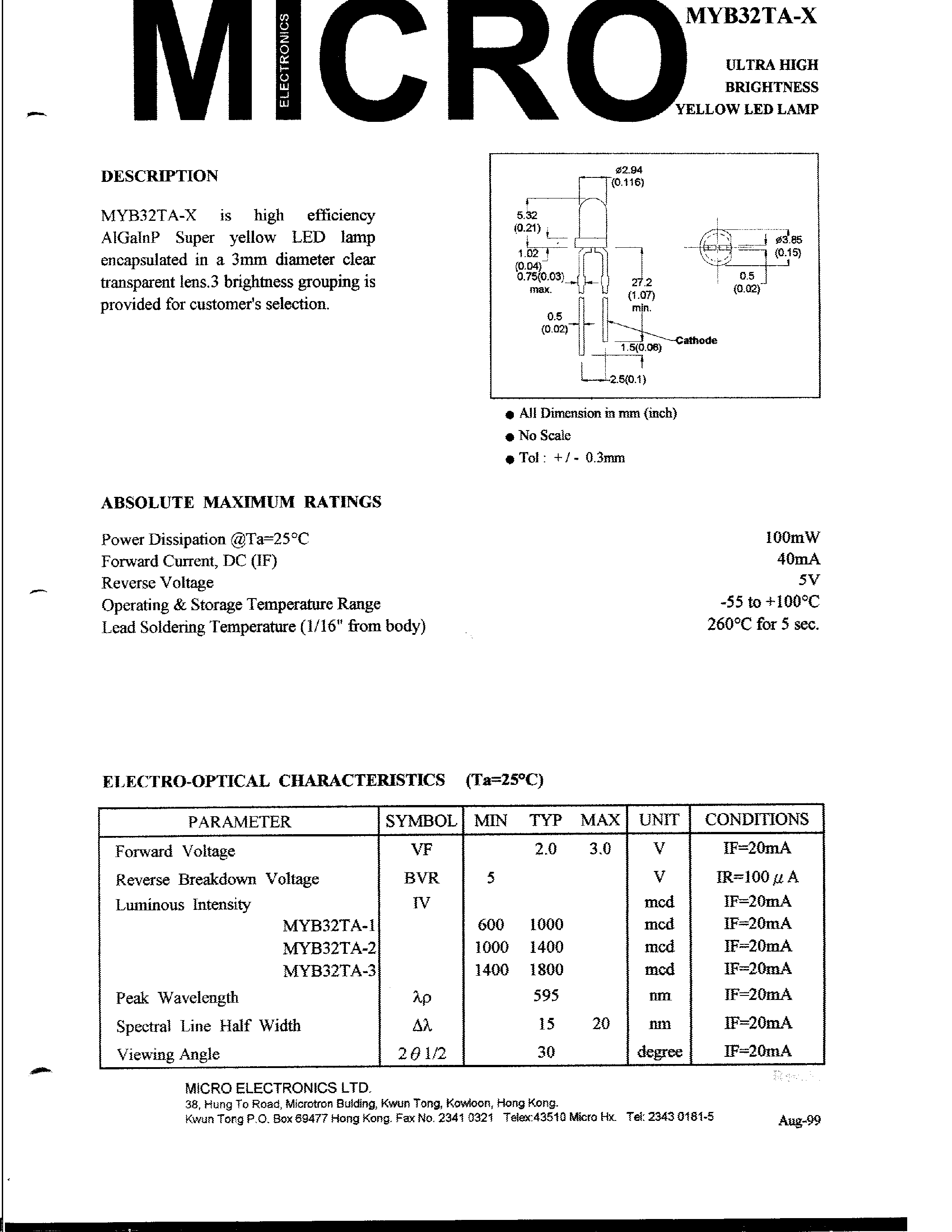 Datasheet MYB32TA-3 page 1 Datasheet MYB32TA-3 - ULTRA HIGH BRIGHTNESS YELLOW LED LAMP page 1