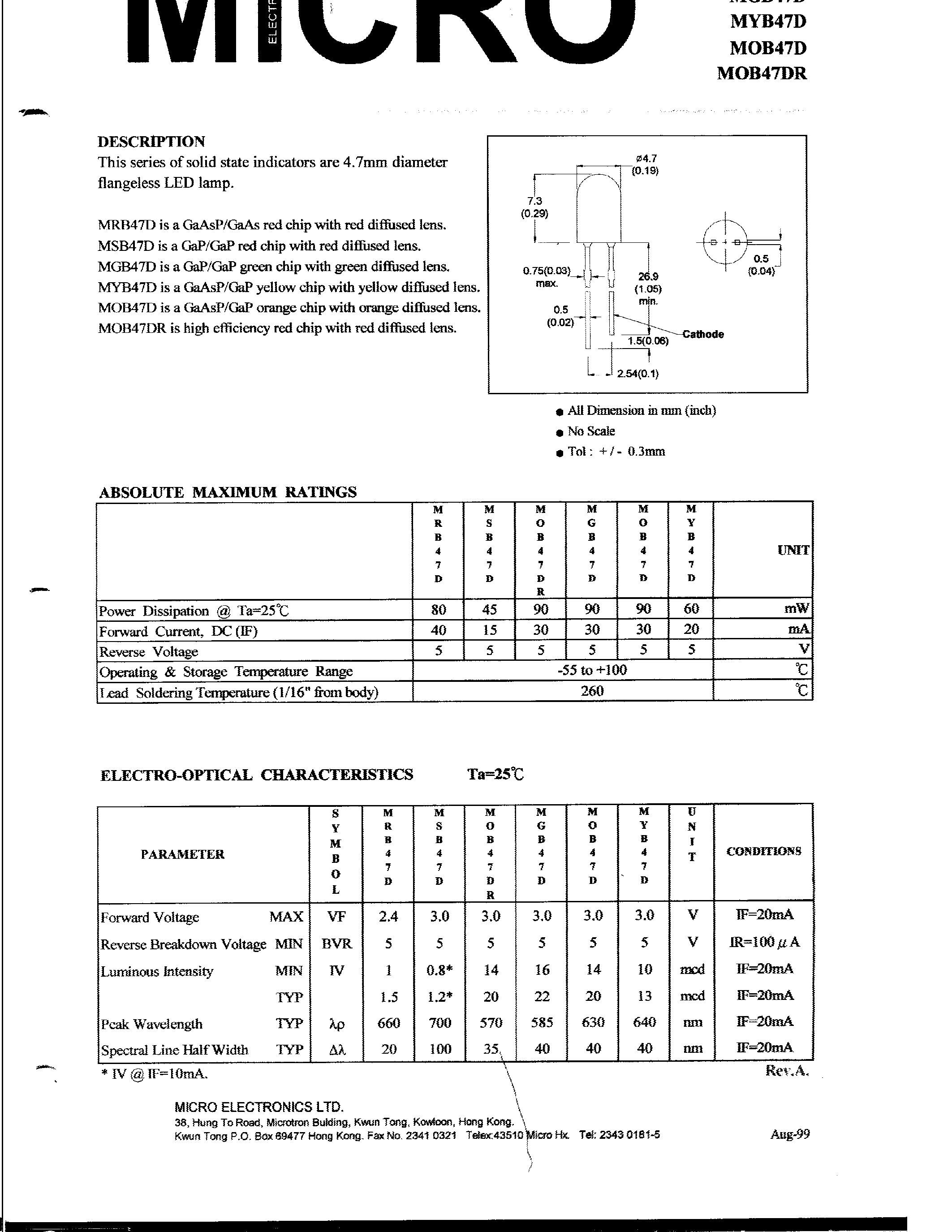 Datasheet MYB47D - SOLID STATE INDICATORS ARE 4.7mm DIAMETER FLANGCLESS LED LAMP page 1