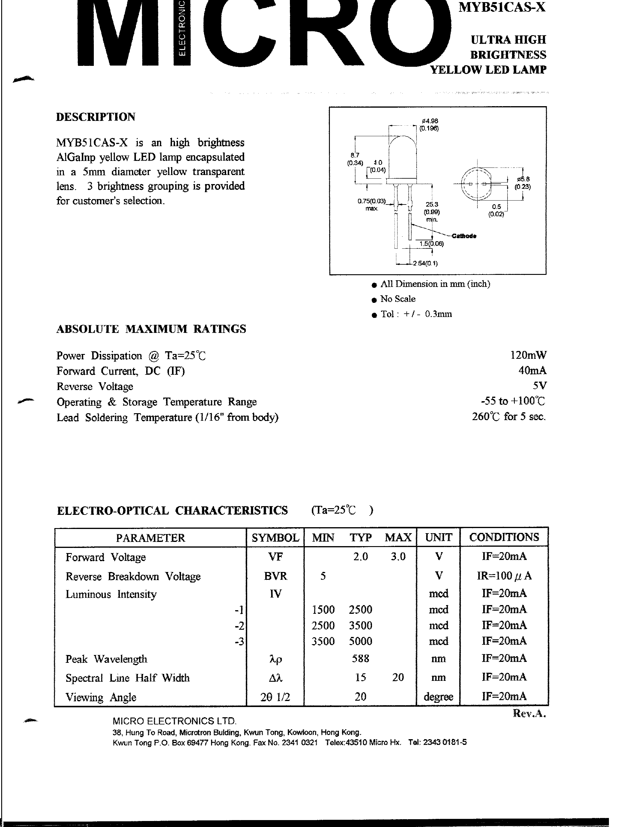 Datasheet MYB51CAS-1 - ULTRA HIGH BRIGHTNESS YELLOW LED LAMP page 1