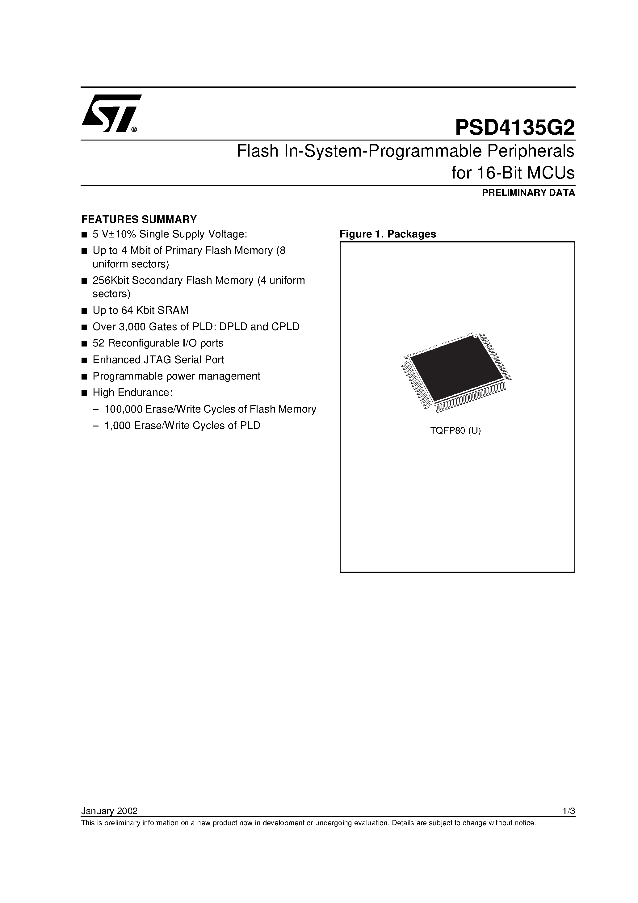 Даташит PSD4135G1-A-12UI - Flash In-System-Programmable Peripherals for 16-Bit MCUs страница 1