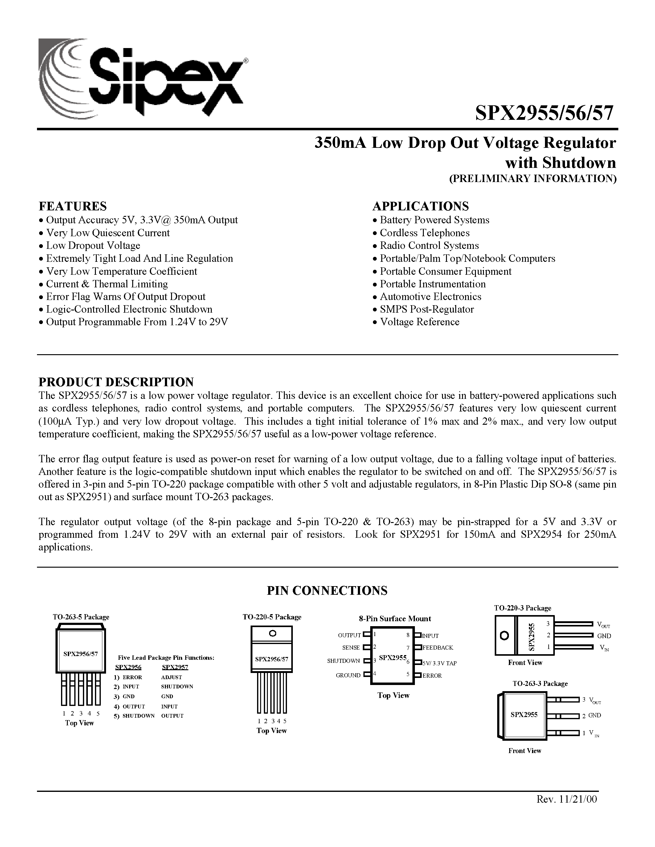 Datasheet SPX2956S-3.3 - 350mA Low Drop Out Voltage Regulator with Shutdown page 1