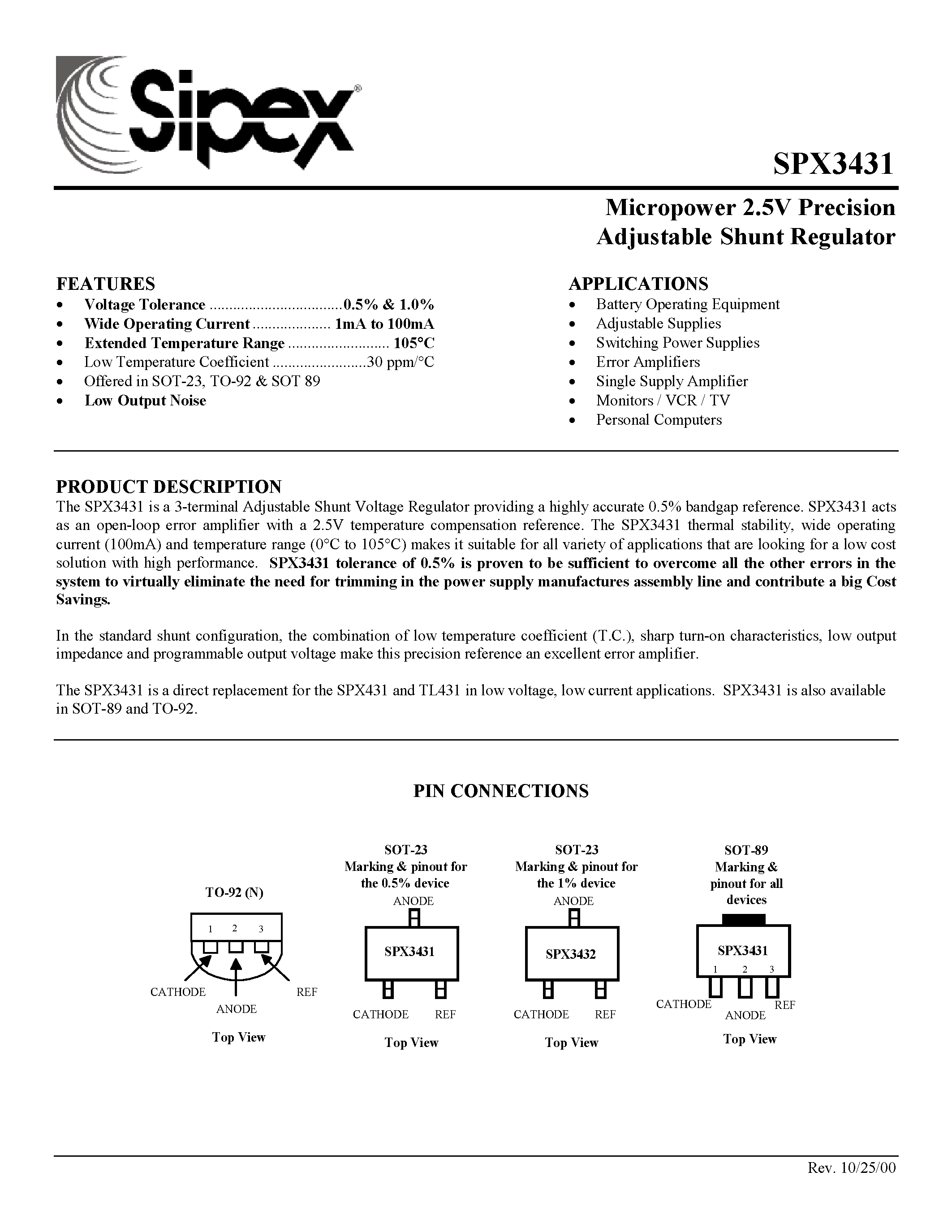 Datasheet SPX3431 - Micropower 2.5V Precision Adjustable Shunt Regulator page 1