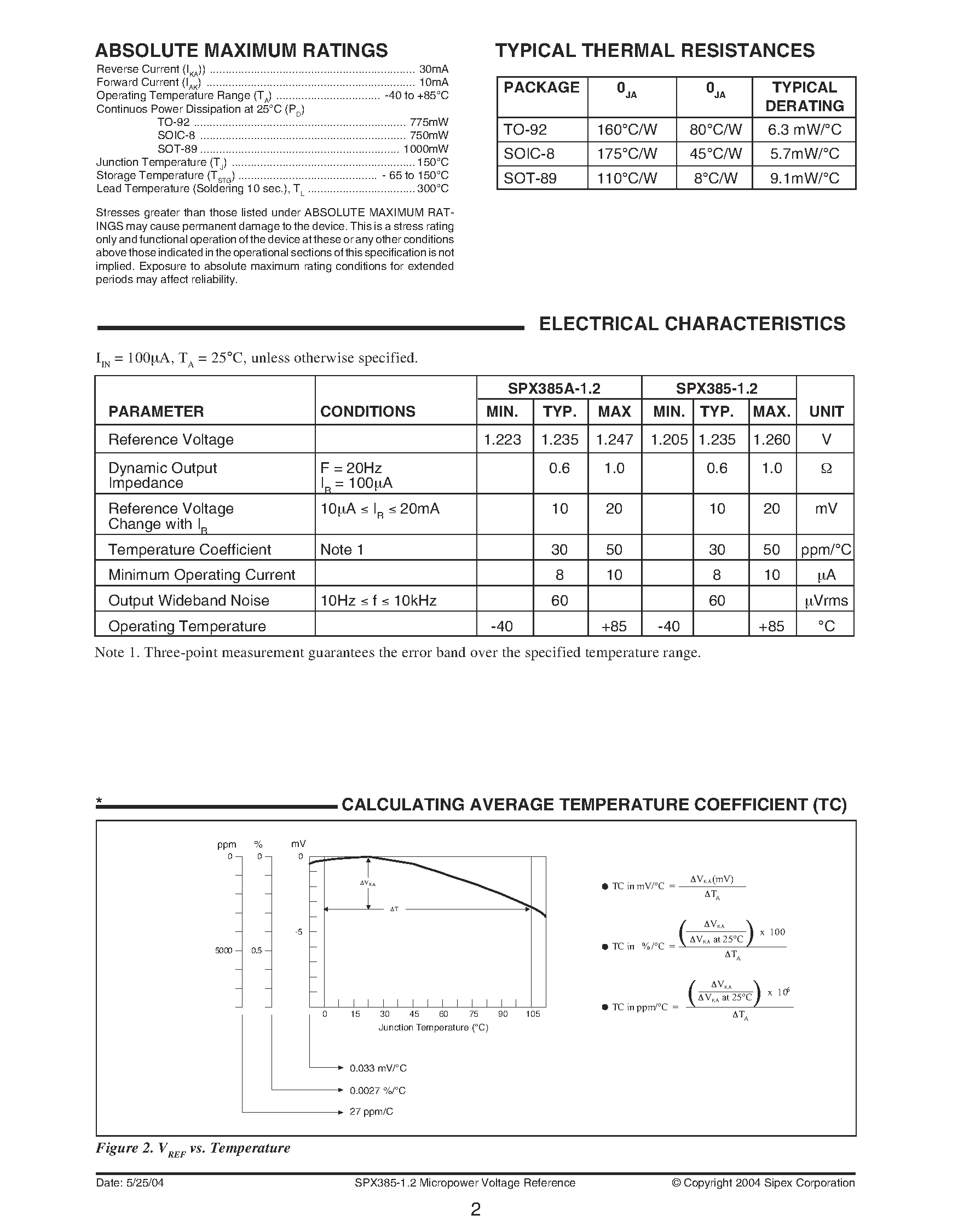 Datasheet SPX385AN-1.2 - Micropower Voltage Reference page 2