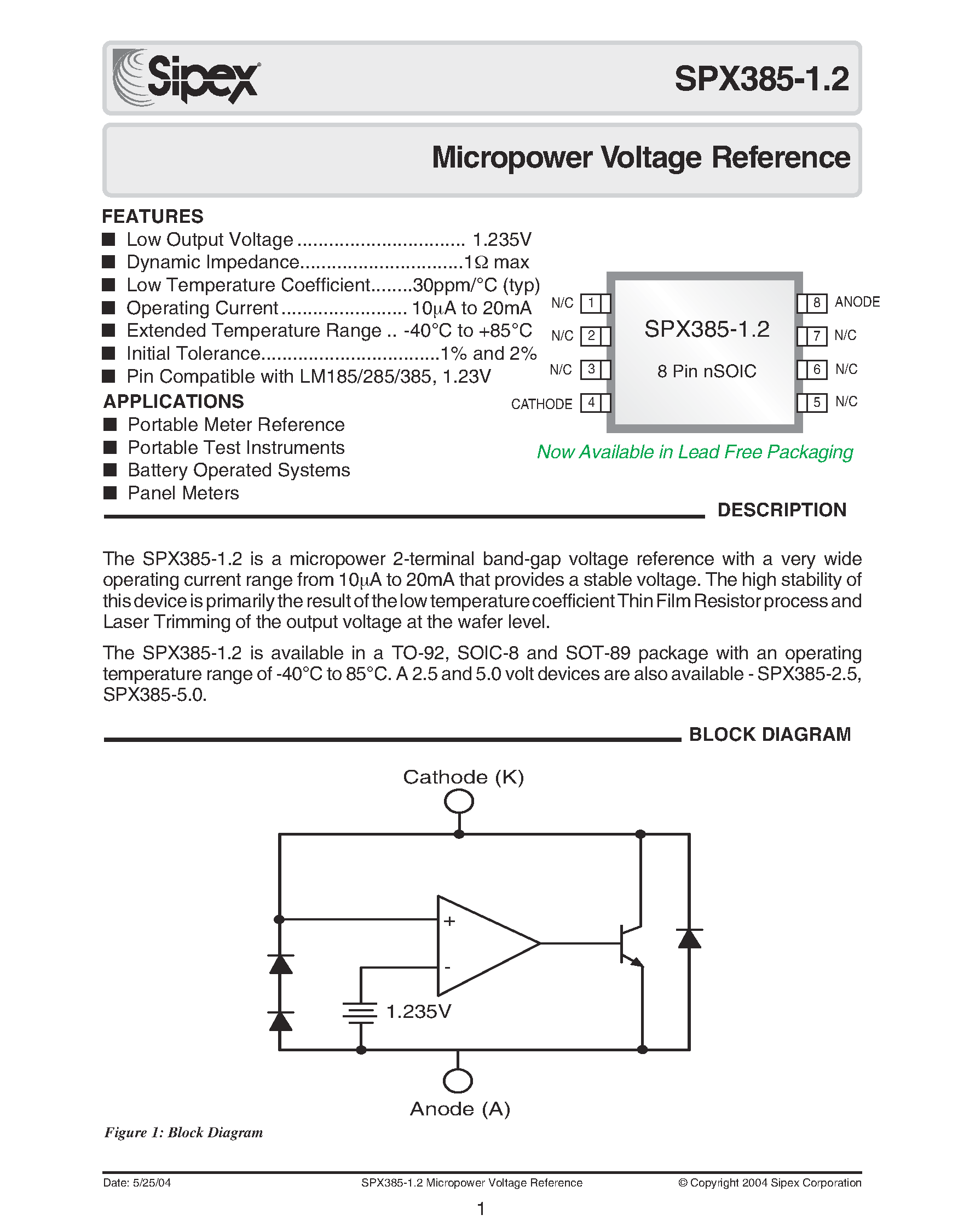 Datasheet SPX385S-1.2 - Micropower Voltage Reference page 1