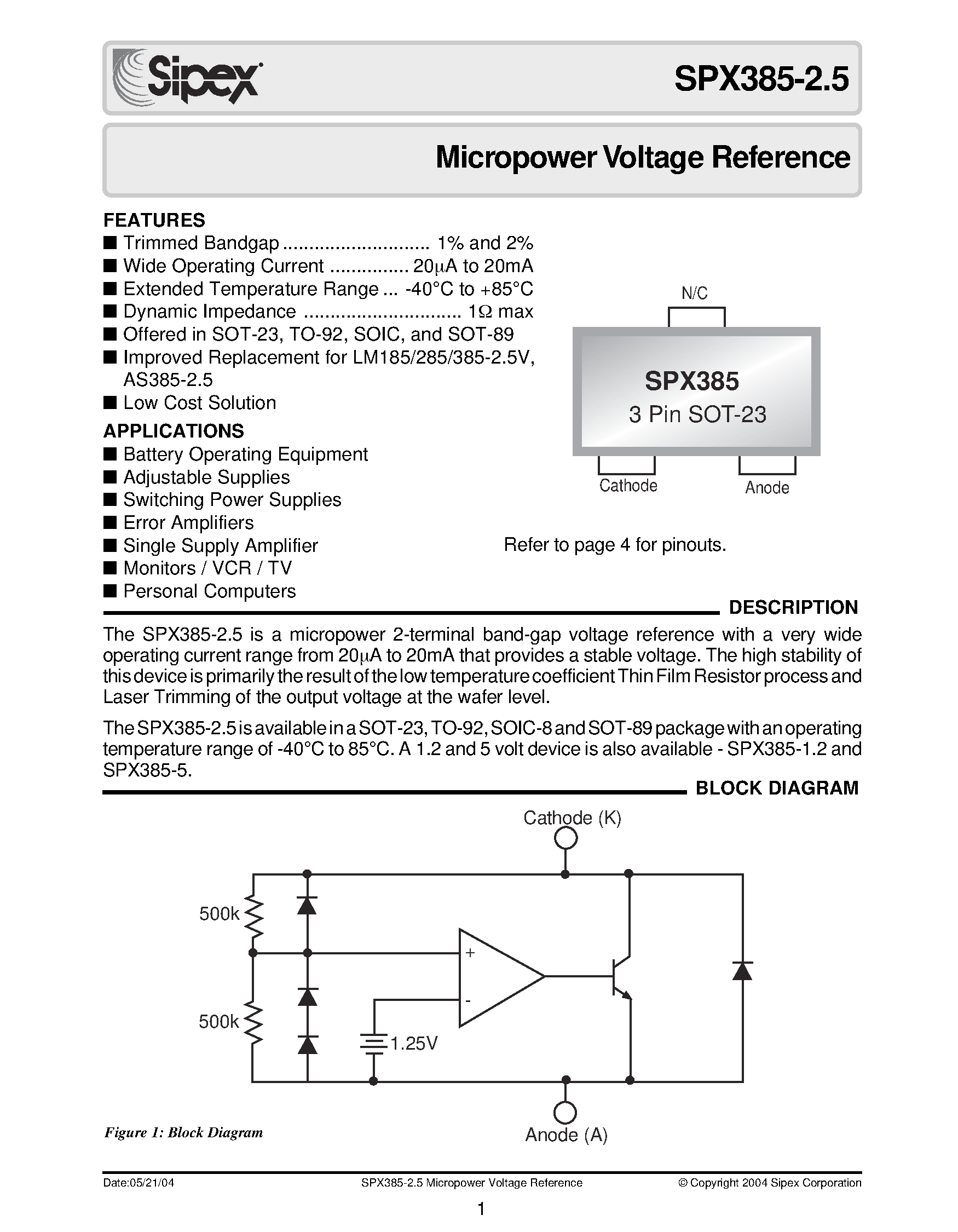 Datasheet SPX385S-2.5 - Micropower Voltage Reference page 1
