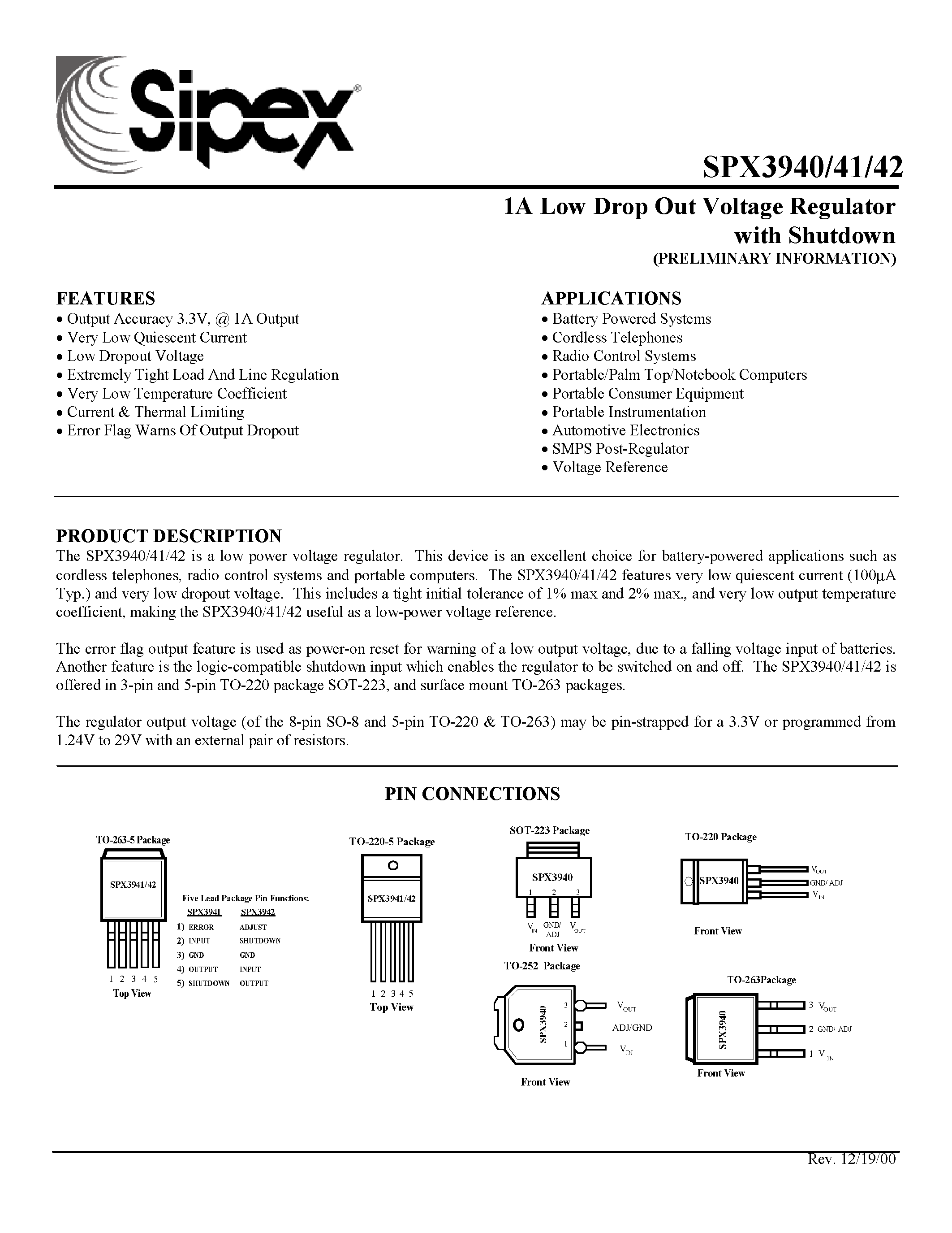 Даташит на микросхему SPX3940AR-5.0 страница 1 Даташит SPX3940AR-5.0 - 1A Low Drop Out Voltage Regulator страница 1