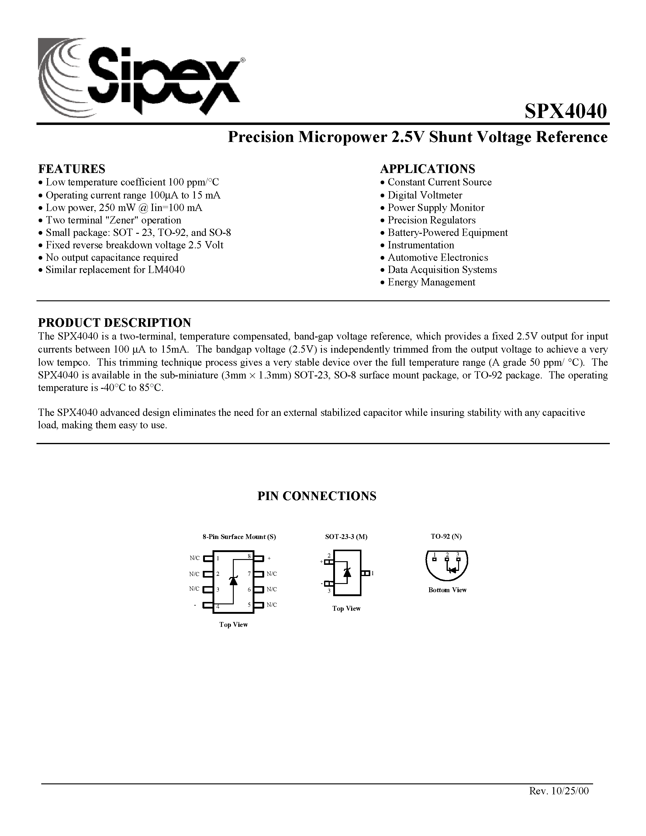 Datasheet SPX4040 - Precision Micropower 2.5V Shunt Voltage Reference page 1