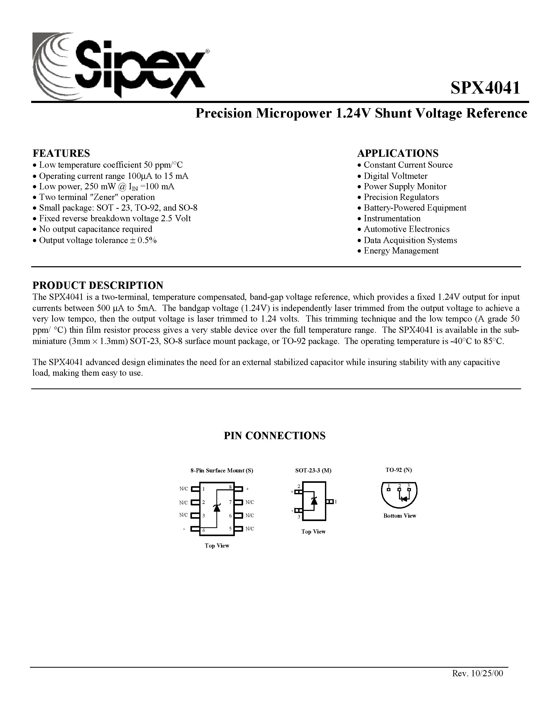 Datasheet SPX4041 page 1 Datasheet SPX4041 - Precision Micropower 1.24V Shunt Voltage Reference page 1