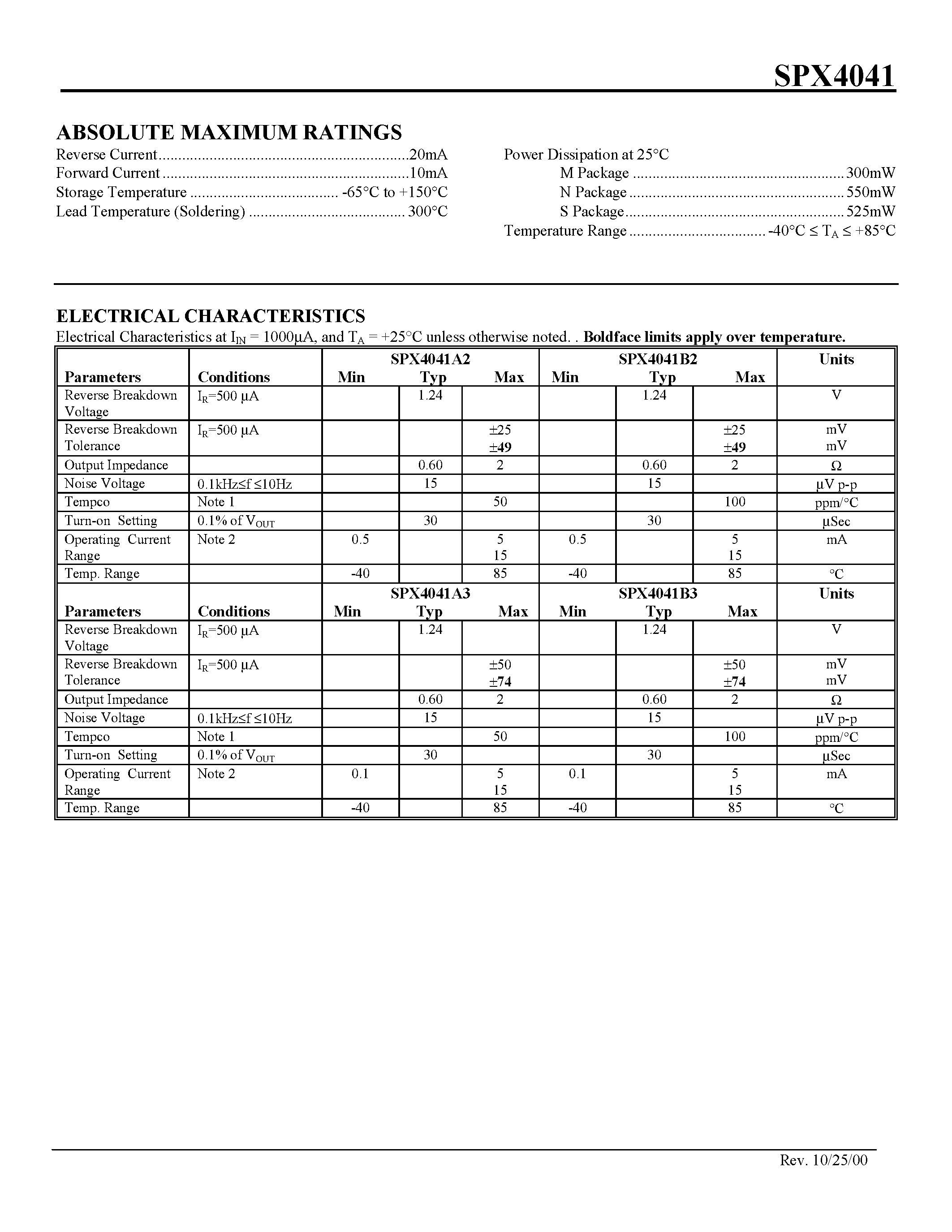 Datasheet SPX4041 page 2 Datasheet SPX4041 - Precision Micropower 1.24V Shunt Voltage Reference page 2