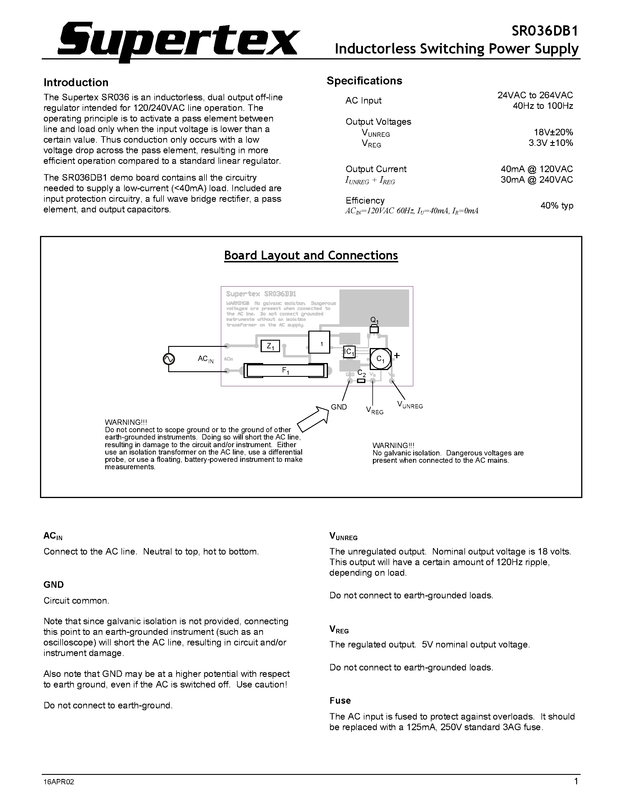 Datasheet SR036DB1 page 1 Datasheet SR036DB1 - Inductorless Switching Power Supply page 1