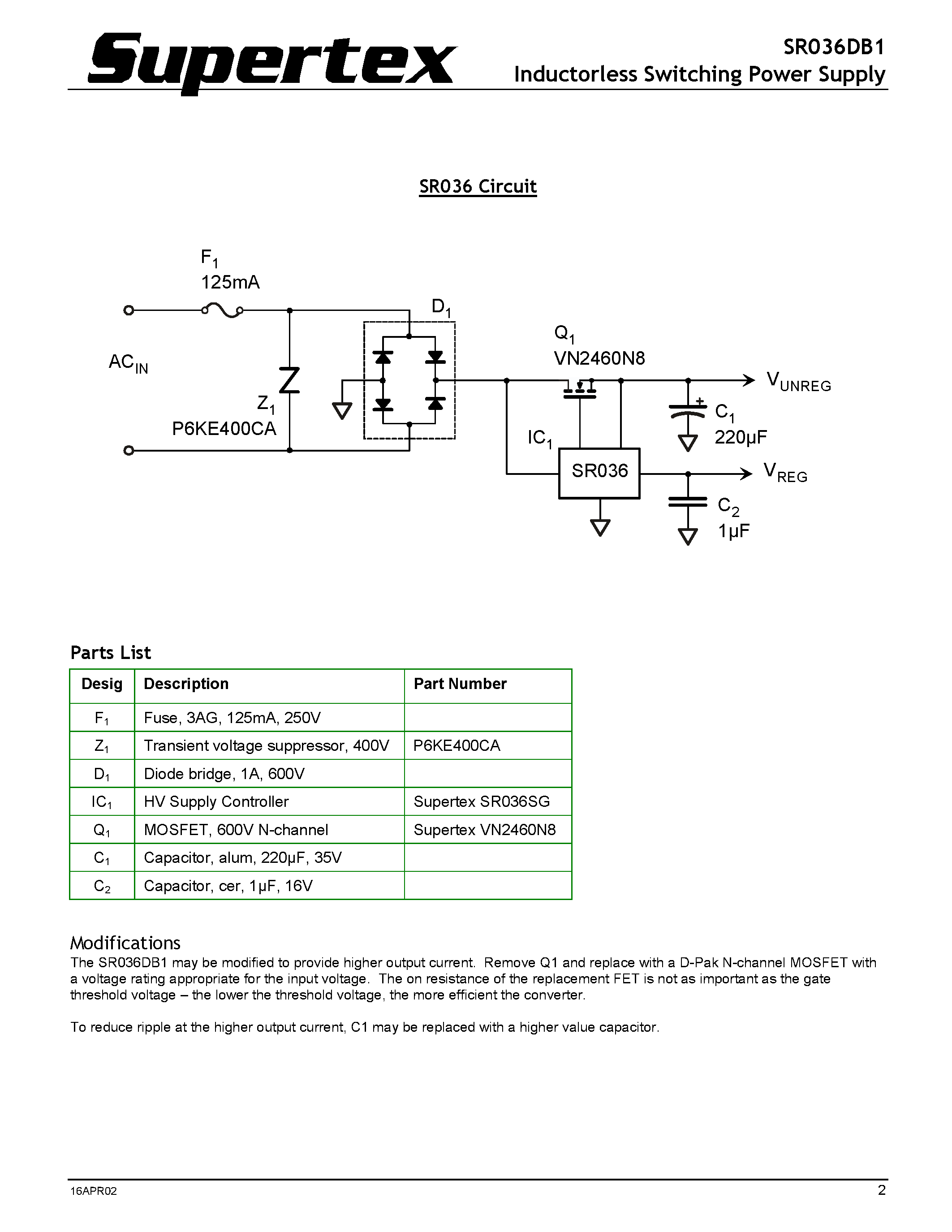 Datasheet SR036DB1 page 2 Datasheet SR036DB1 - Inductorless Switching Power Supply page 2