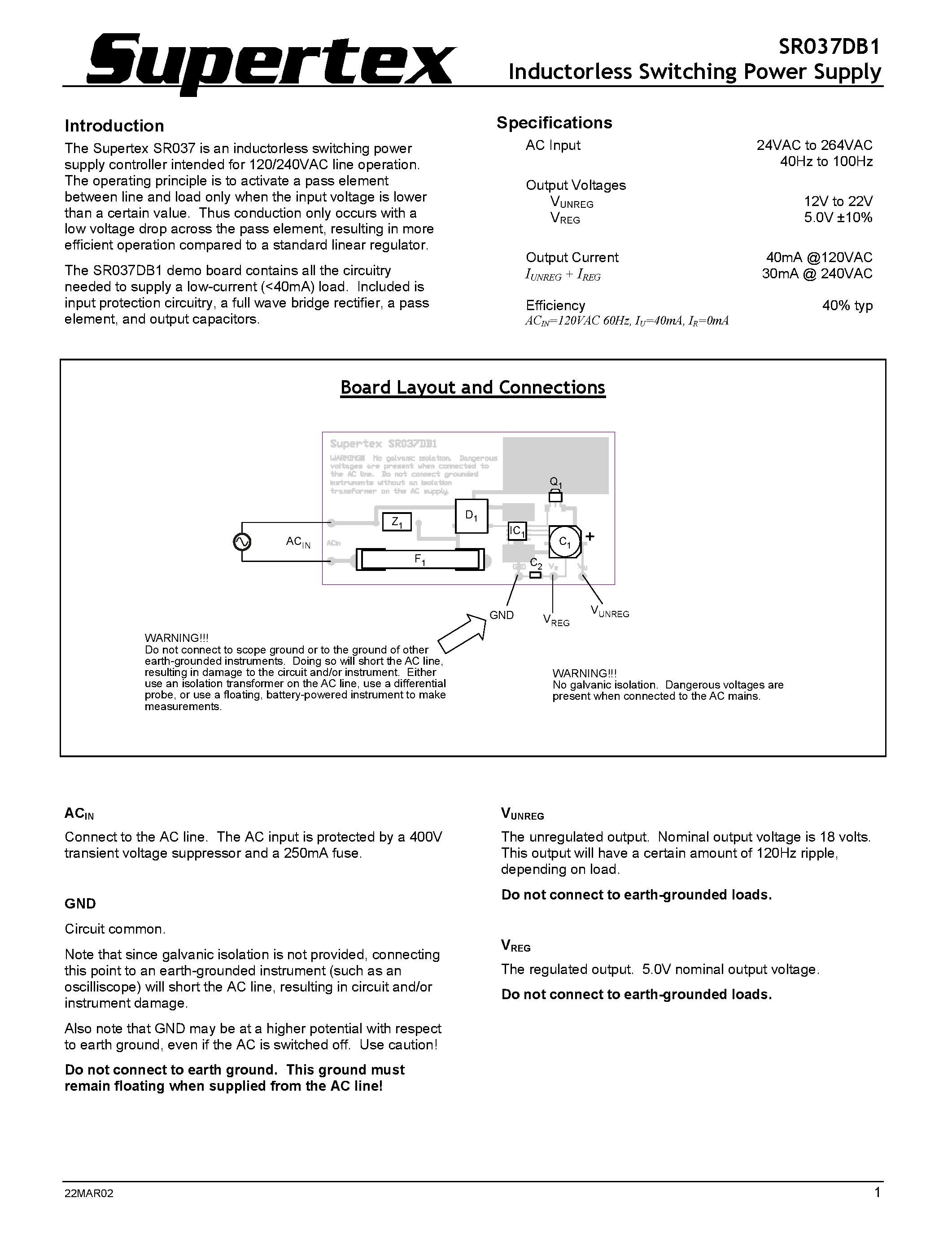Datasheet SR037DB1 - Inductorless Switching Power Supply page 1
