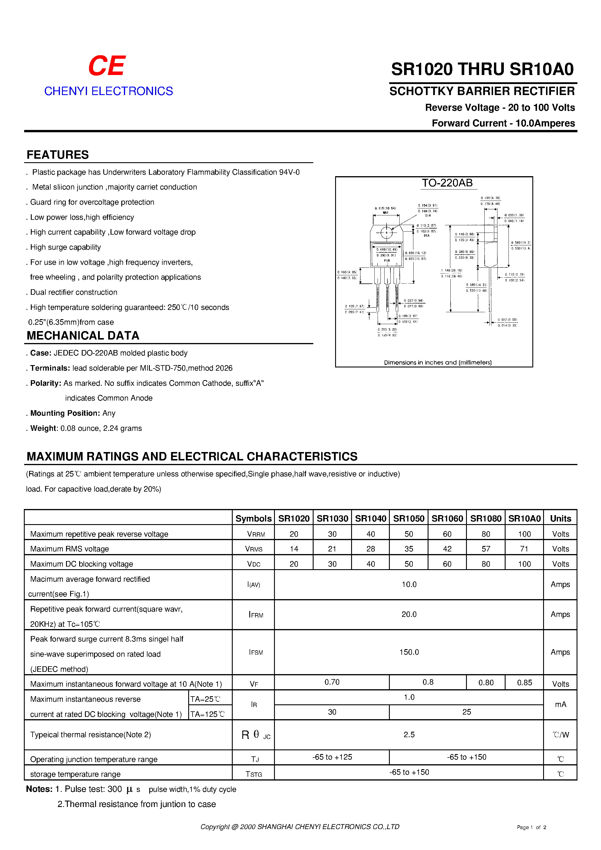 Datasheet SR1030 page 1 Datasheet SR1030 - SCHOTTKY BARRIER RECTIFIER page 1