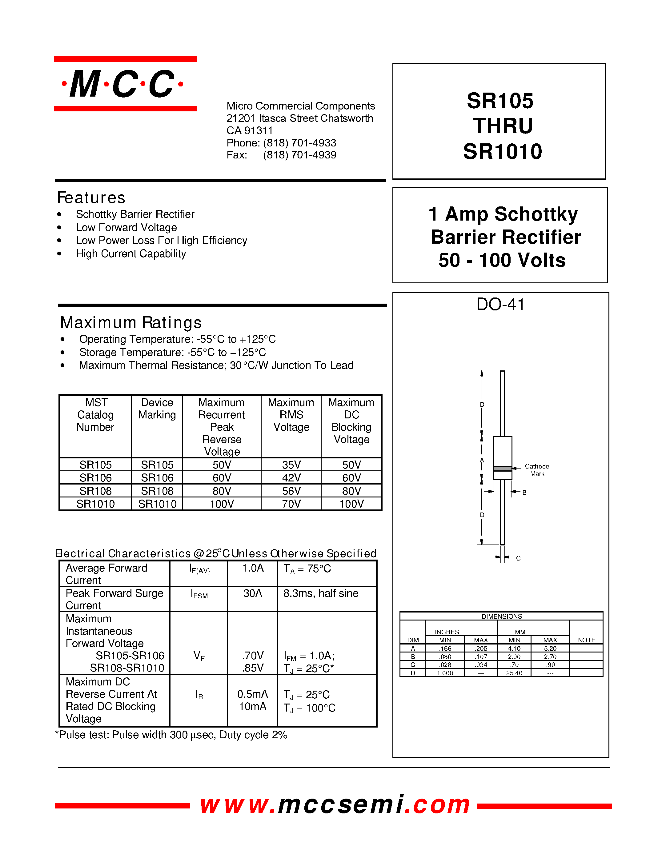Даташит на микросхему SR105 страница 1 Даташит SR105 - 1 Amp Schottky Barrier Rectifier 50 - 100 Volts страница 1