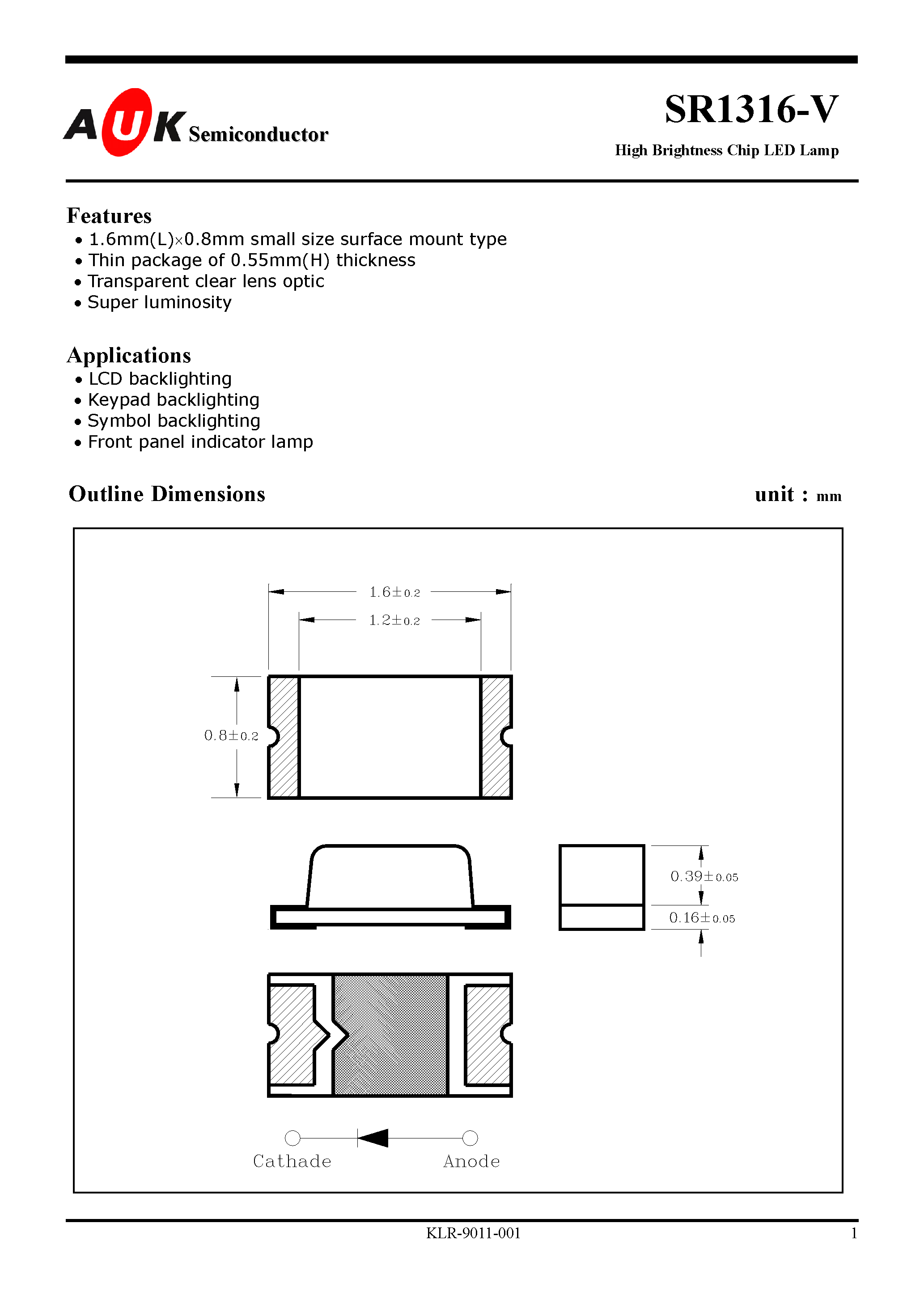 Datasheet SR1316-V page 1 Datasheet SR1316-V - High Brightness Chip LED Lamp page 1