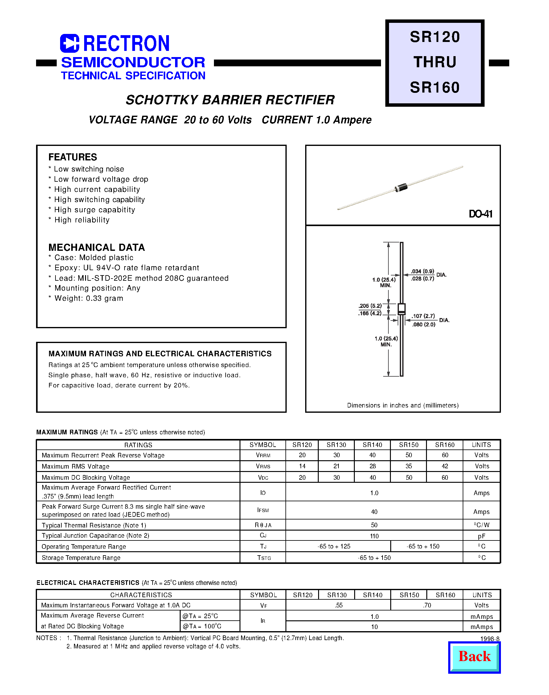 Datasheet SR140 - SCHOTTKY BARRIER RECTIFIER (VOLTAGE RANGE 20 to 60 Volts CURRENT 1.0 Ampere) page 1