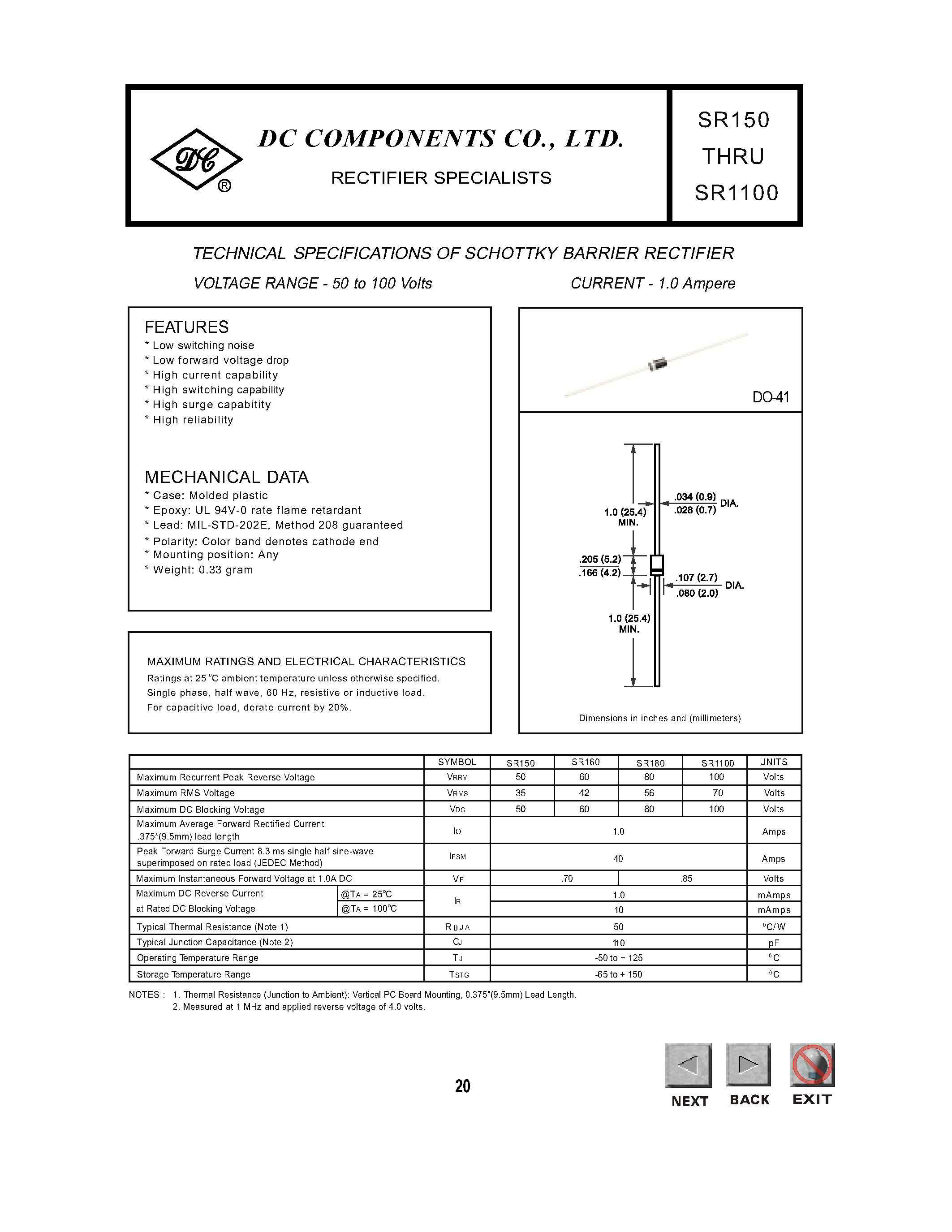 Datasheet SR150 - TECHNICAL SPECIFICATIONS OF SCHOTTKY BARRIER RECTIFIER page 1