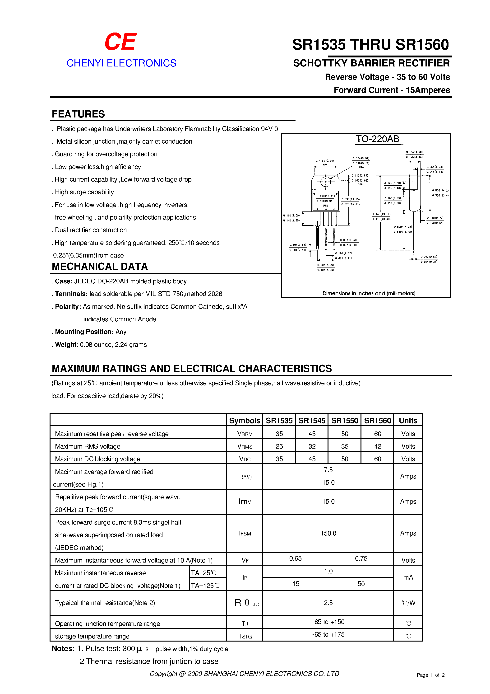 Datasheet SR1535 page 1 Datasheet SR1535 - SCHOTTKY BARRIER RECTIFIER page 1