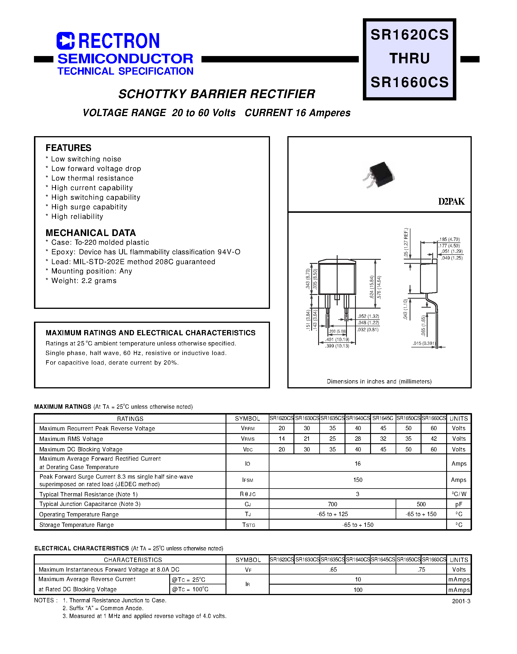 Datasheet SR1650CS - SCHOTTKY BARRIER RECTIFIER (VOLTAGE RANGE 20 to 60 Volts CURRENT 16 Amperes) page 1