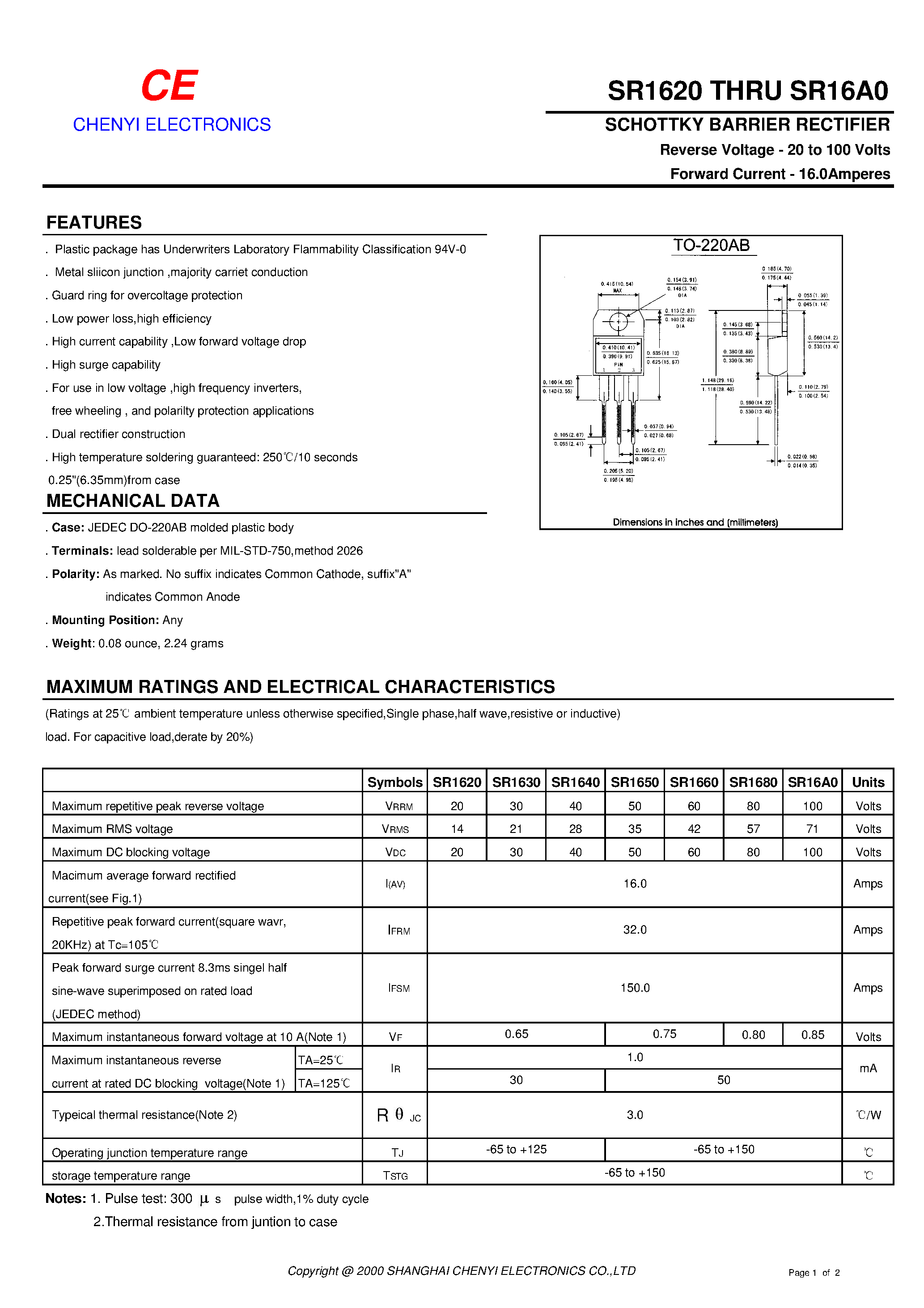 Datasheet SR16A0 page 1 Datasheet SR16A0 - SCHOTTKY BARRIER RECTIFIER page 1