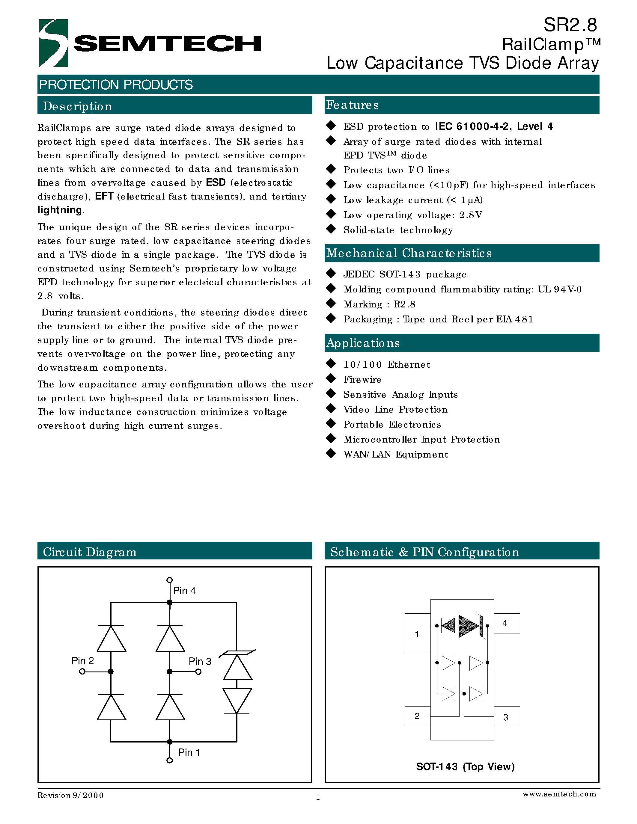 Datasheet SR2.8 - RailClamp Low Capacitance TVS Diode Array page 1