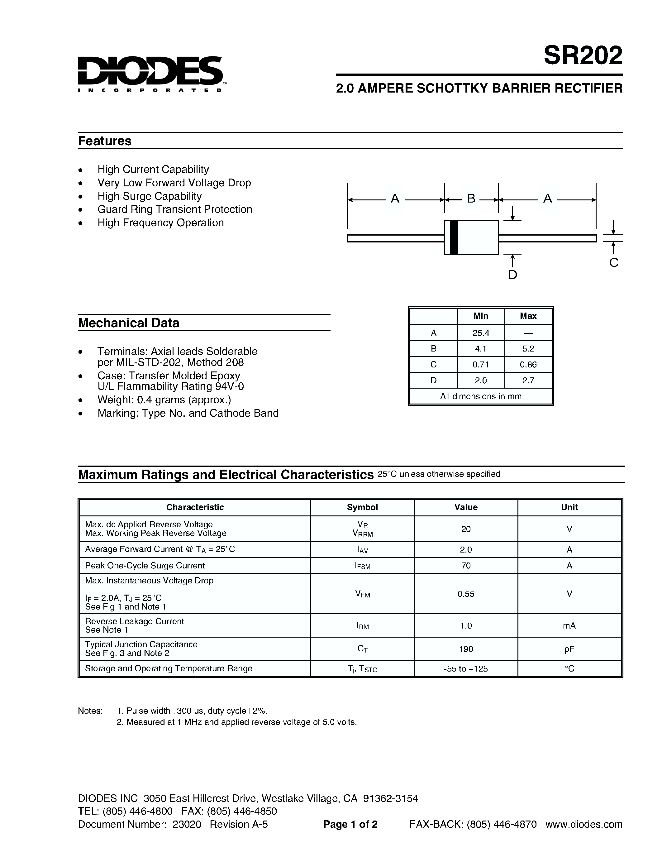 Datasheet SR202 - 2.0 AMPERE SCHOTTKY BARRIER RECTIFIER page 1