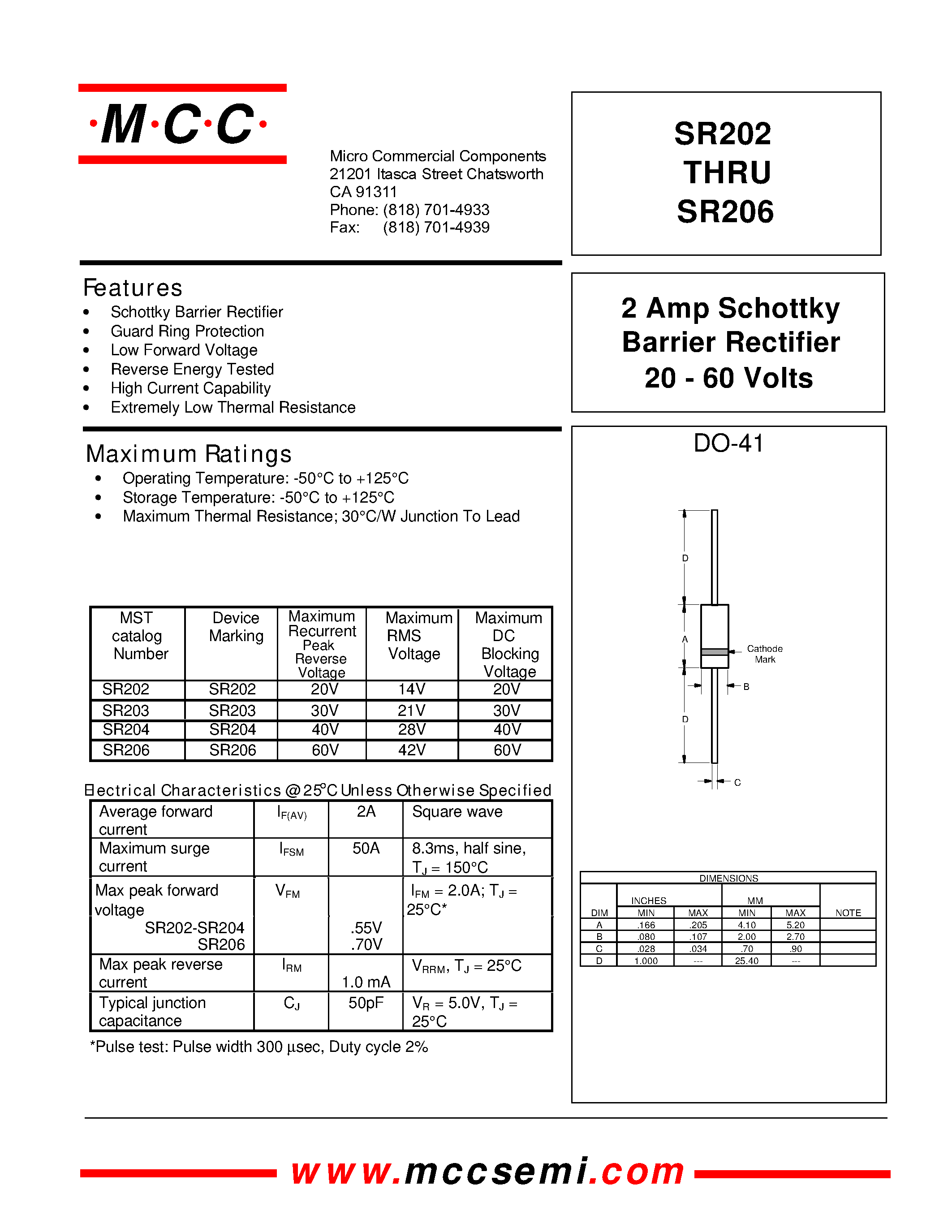 Datasheet SR203 page 1 Datasheet SR203 - 2 Amp Schottky Barrier Rectifier 20 - 60 Volts page 1