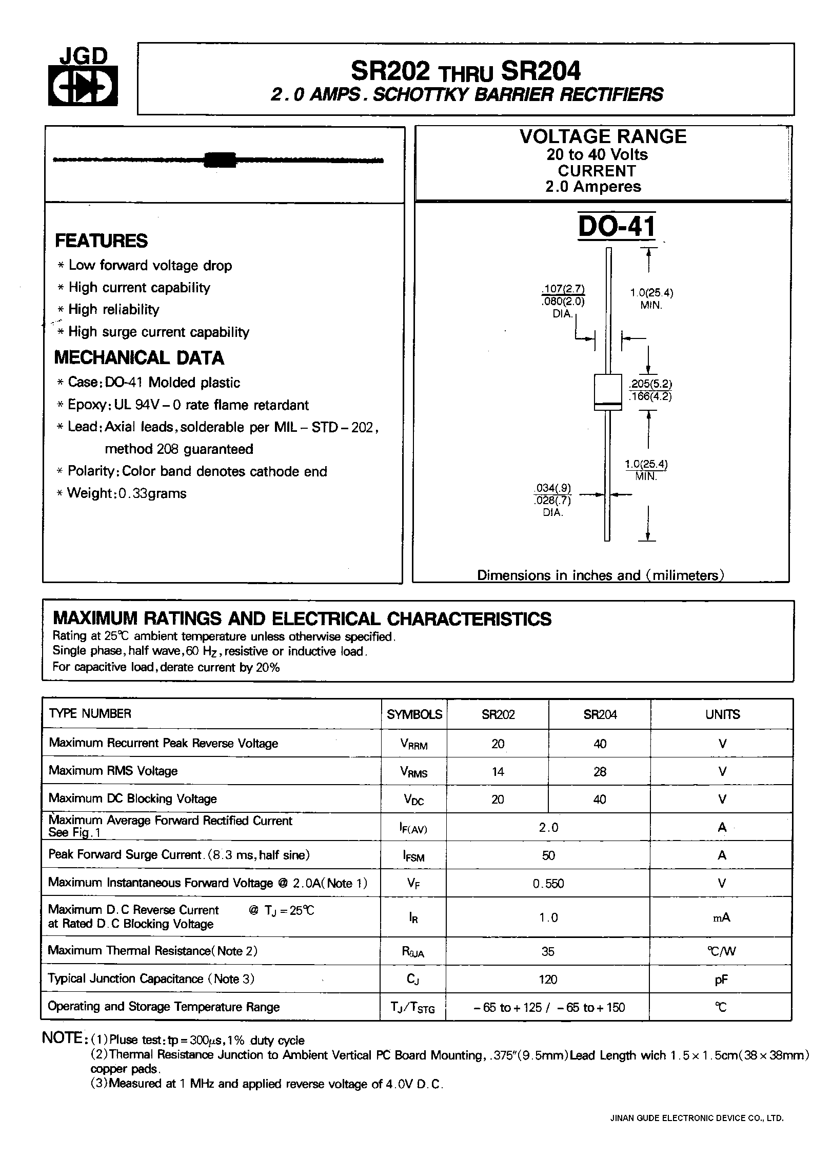 Datasheet SR204 - 2.0 AMPS. SCHOTTKY BARRIER RECTIFIERS page 1