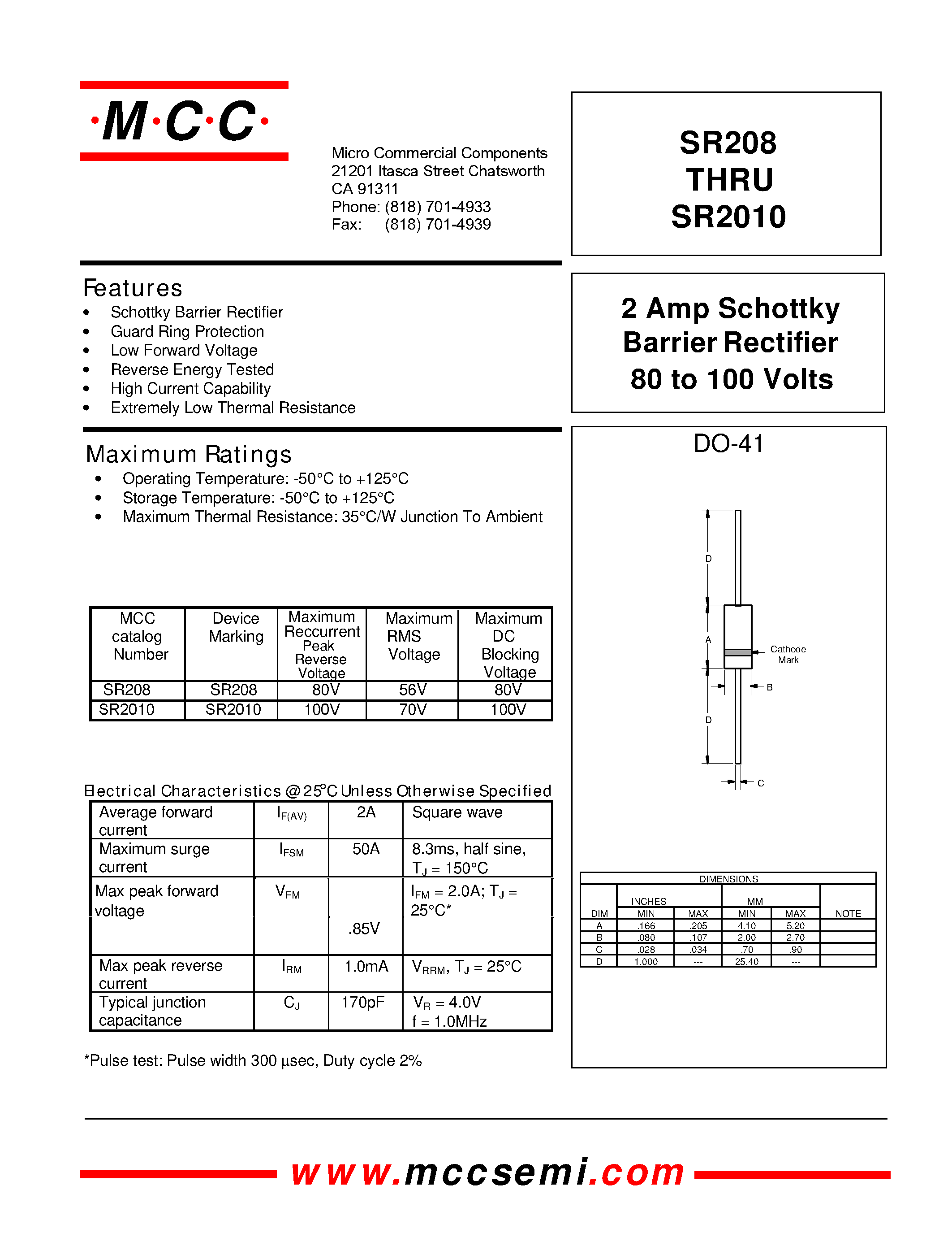 Datasheet SR208 page 1 Datasheet SR208 - 2 Amp Schottky Barrier Rectifier 80 to 100 Volts page 1
