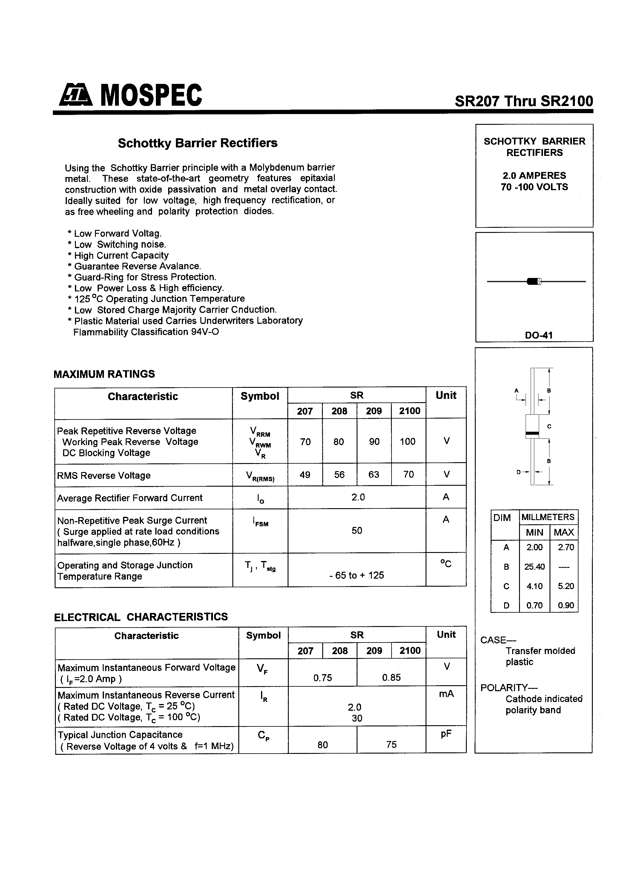 Datasheet SR209 - SCHOTTKY BARRIER RECTIFIERS(2.0A /70-100V) page 1