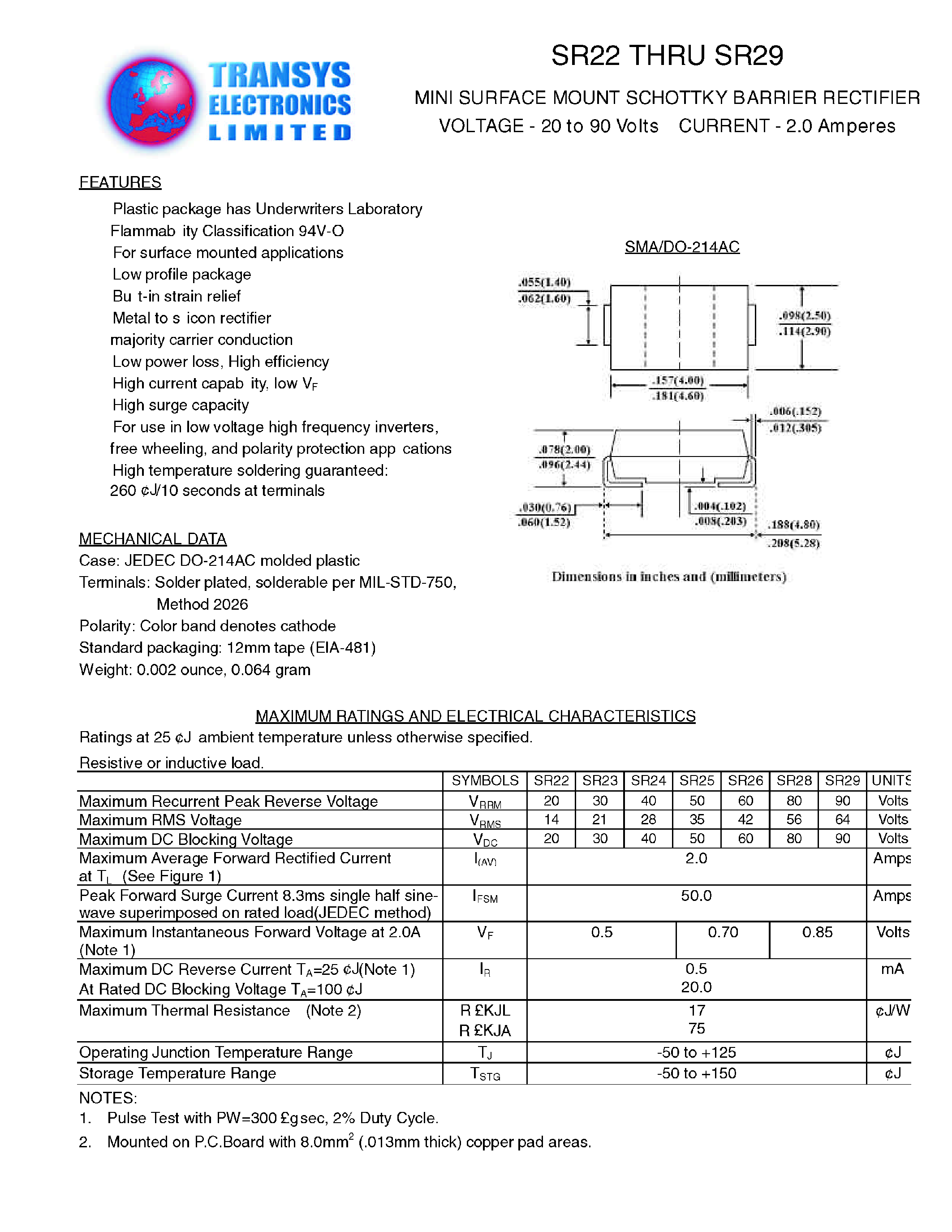 Datasheet SR22 page 1 Datasheet SR22 - MINI SURFACE MOUNT SCHOTTKY BARRIER RECTIFIER page 1