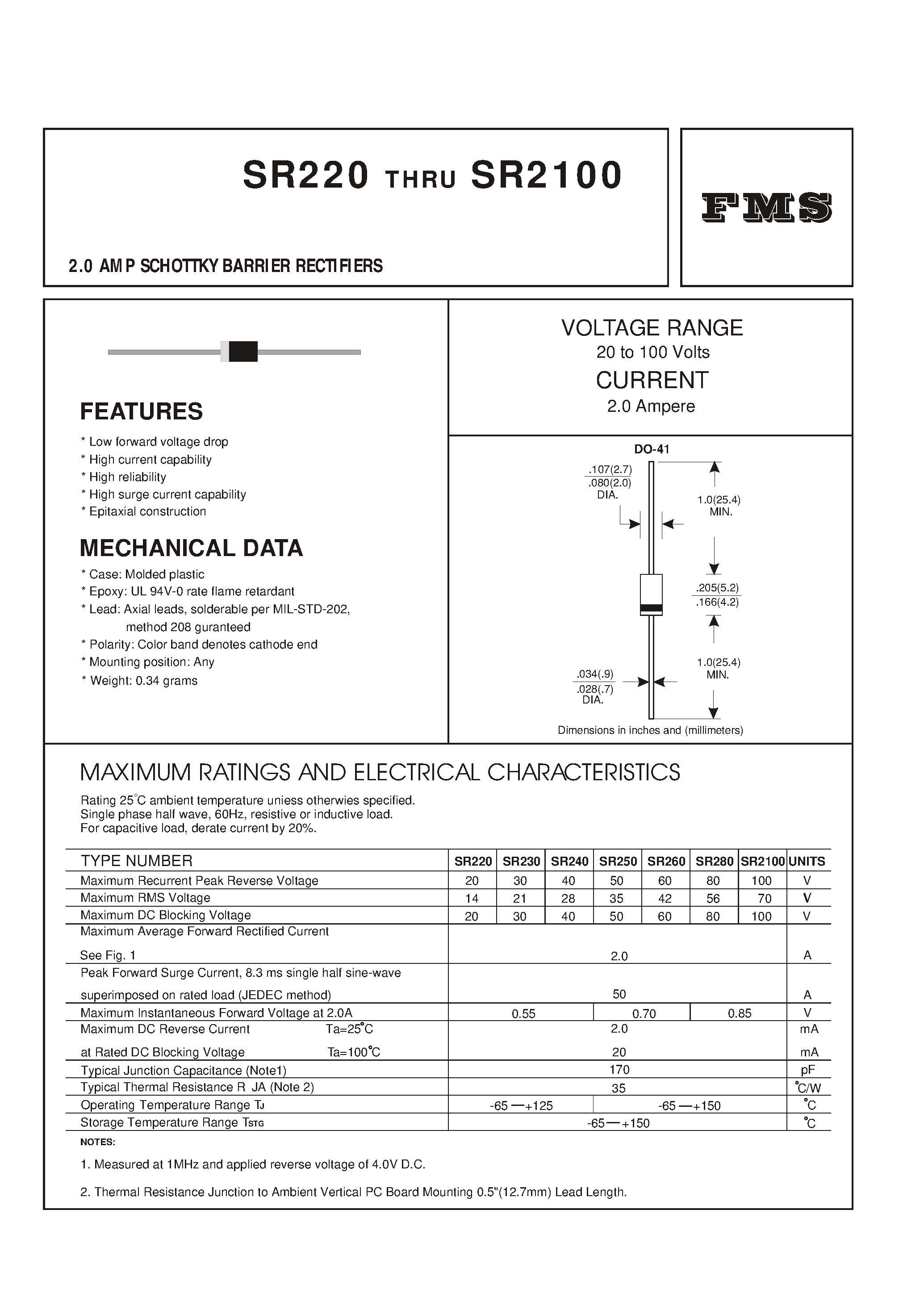Datasheet SR240 - 2.0 AMP SCHOTTKY BARRIER RECTIFIERS page 1