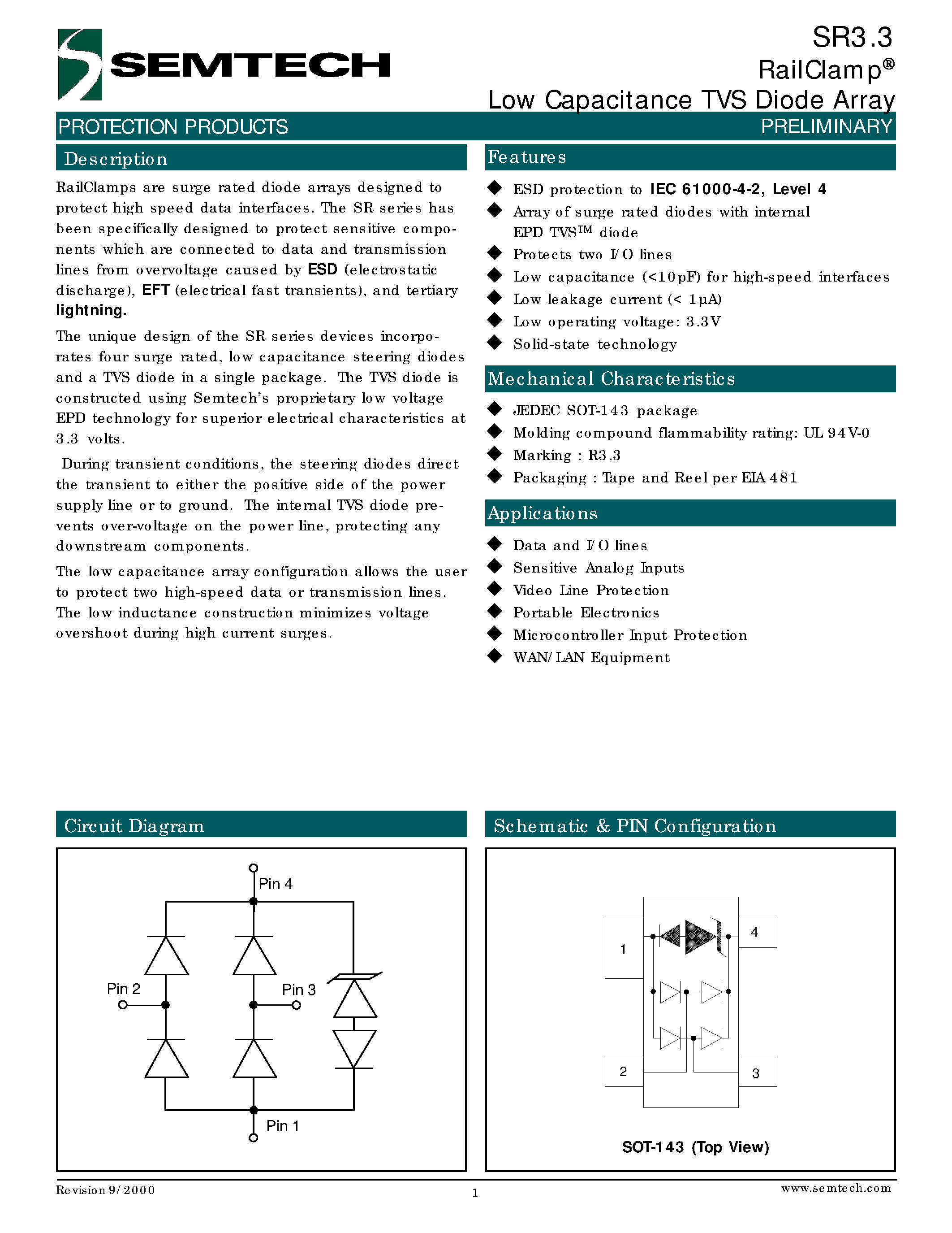 Datasheet SR3.3 - RailClamp Low Capacitance TVS Diode Array page 1