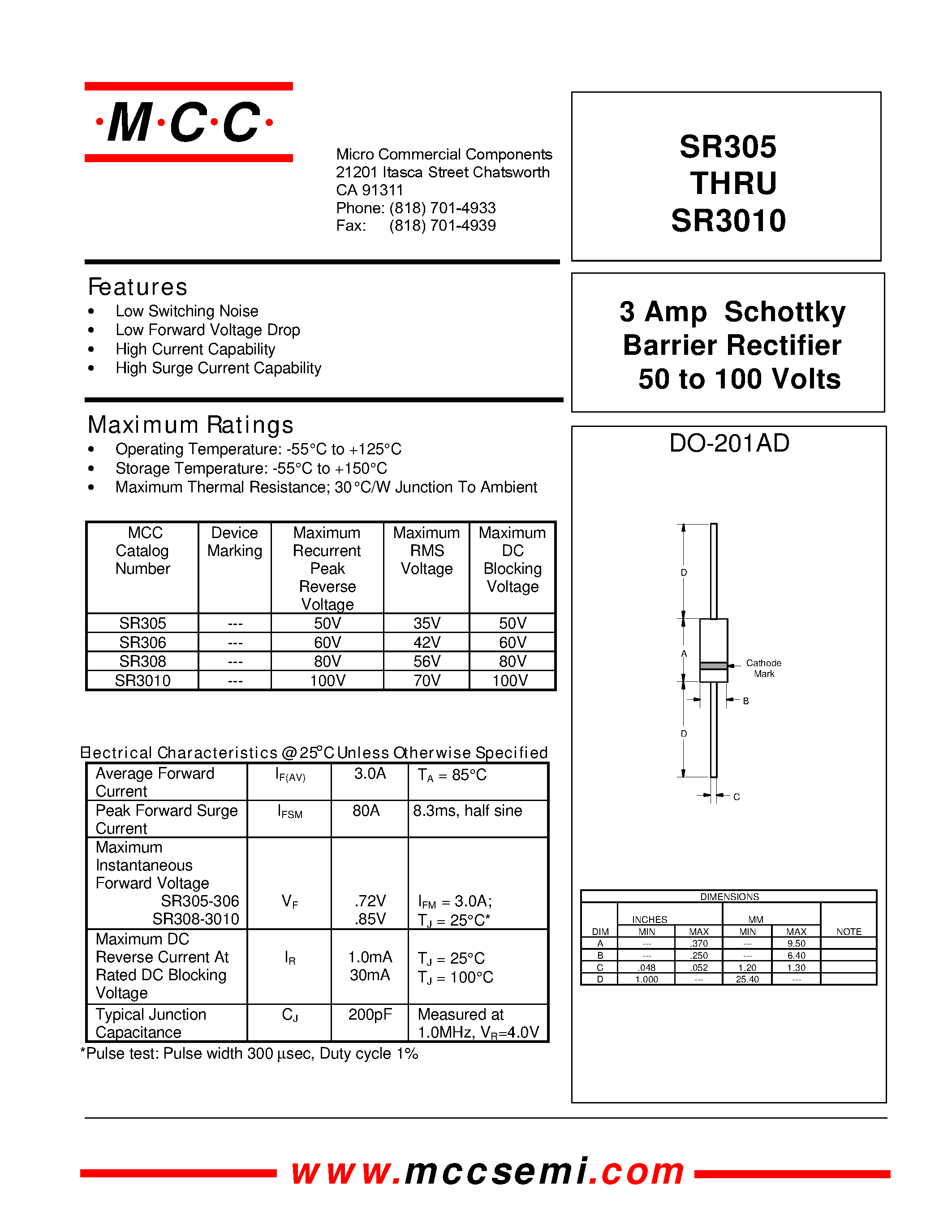 Datasheet SR3010 - 3 Amp Schottky Barrier Rectifier 50 to 100 Volts page 1