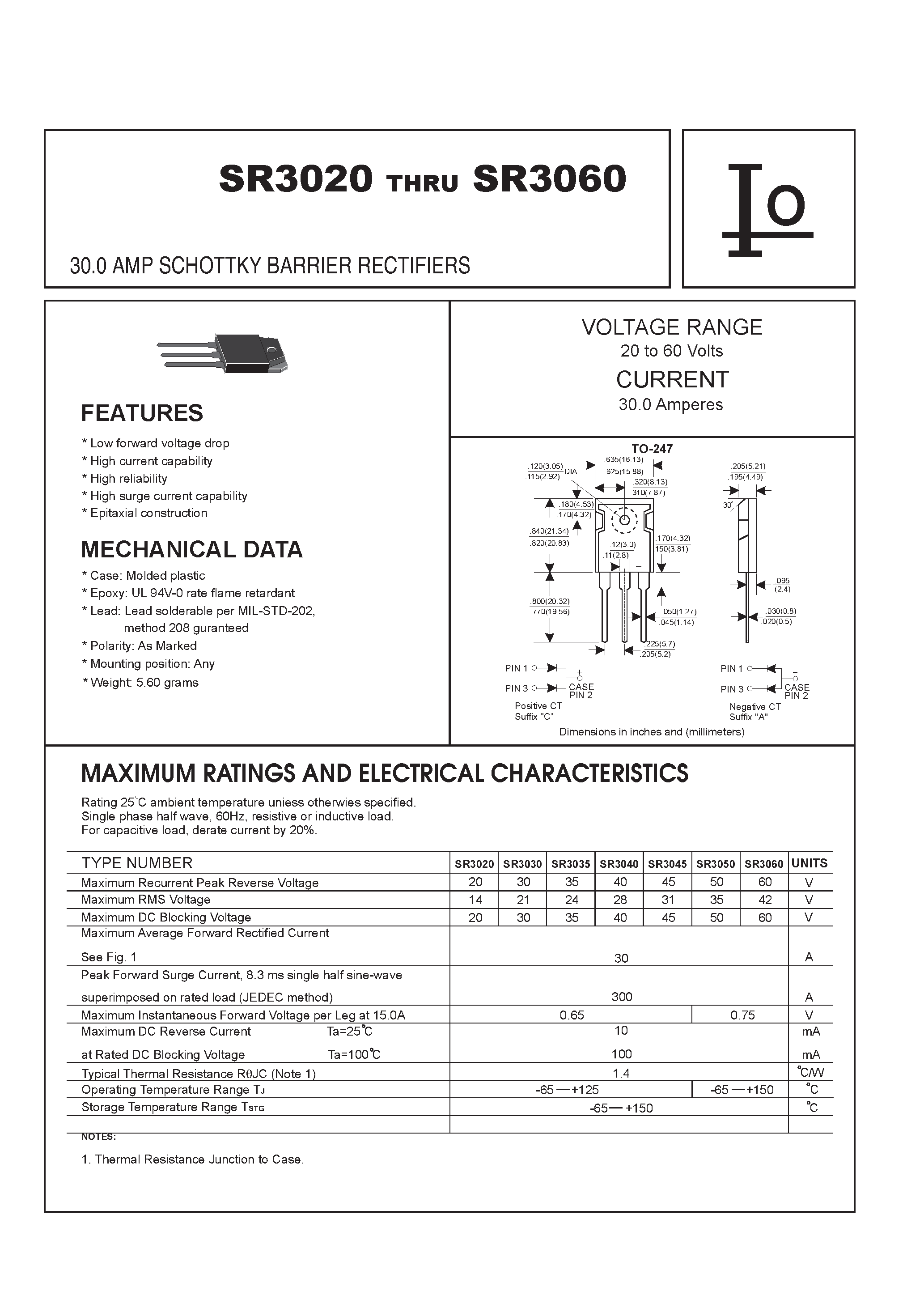 Datasheet SR3035 - 30.0 AMP SCHOTTKY BARRIER RECTIFIERS page 1