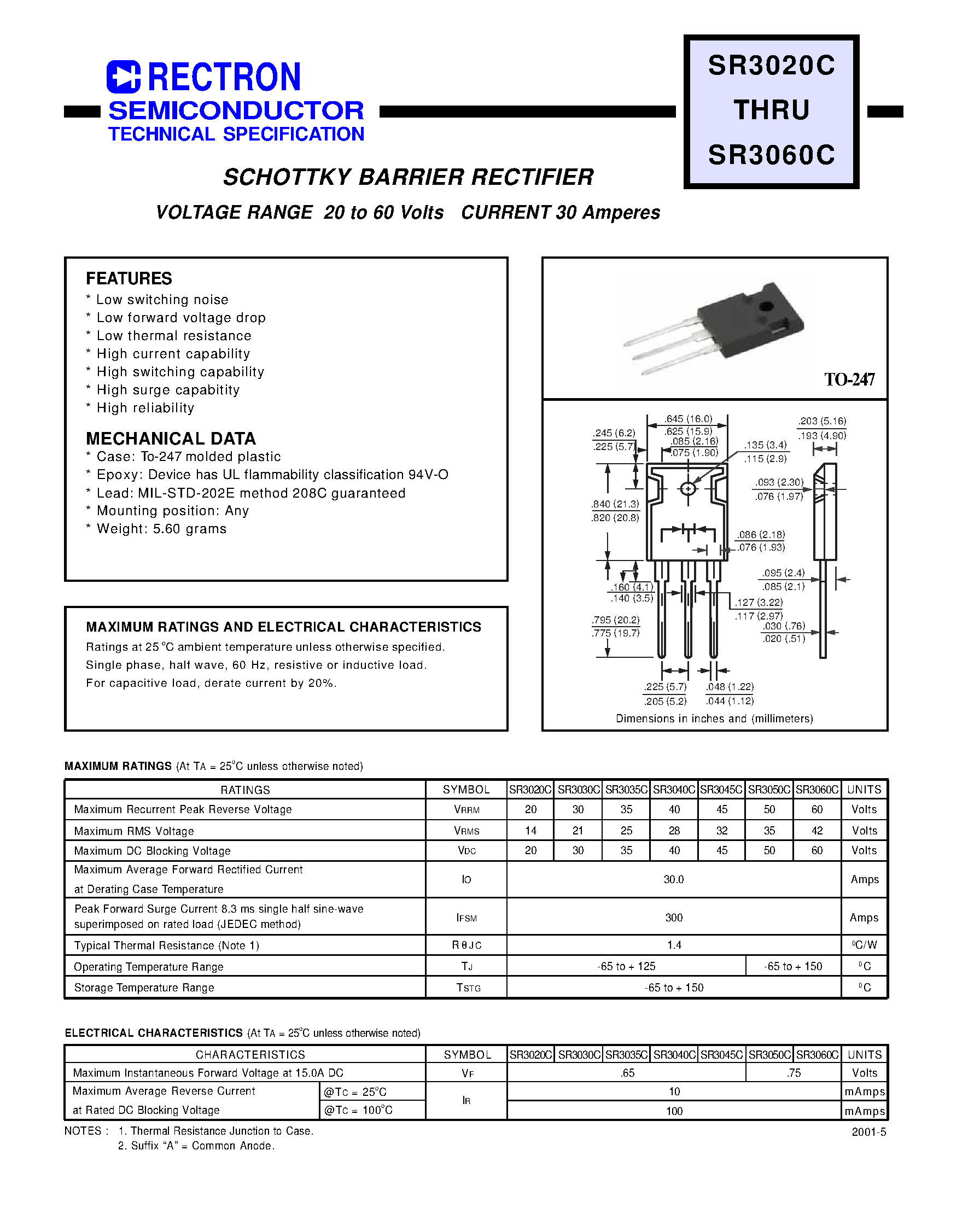 Datasheet SR3050C page 1 Datasheet SR3050C - SCHOTTKY BARRIER RECTIFIER (VOLTAGE RANGE 20 to 60 Volts CURRENT 30 Amperes) page 1