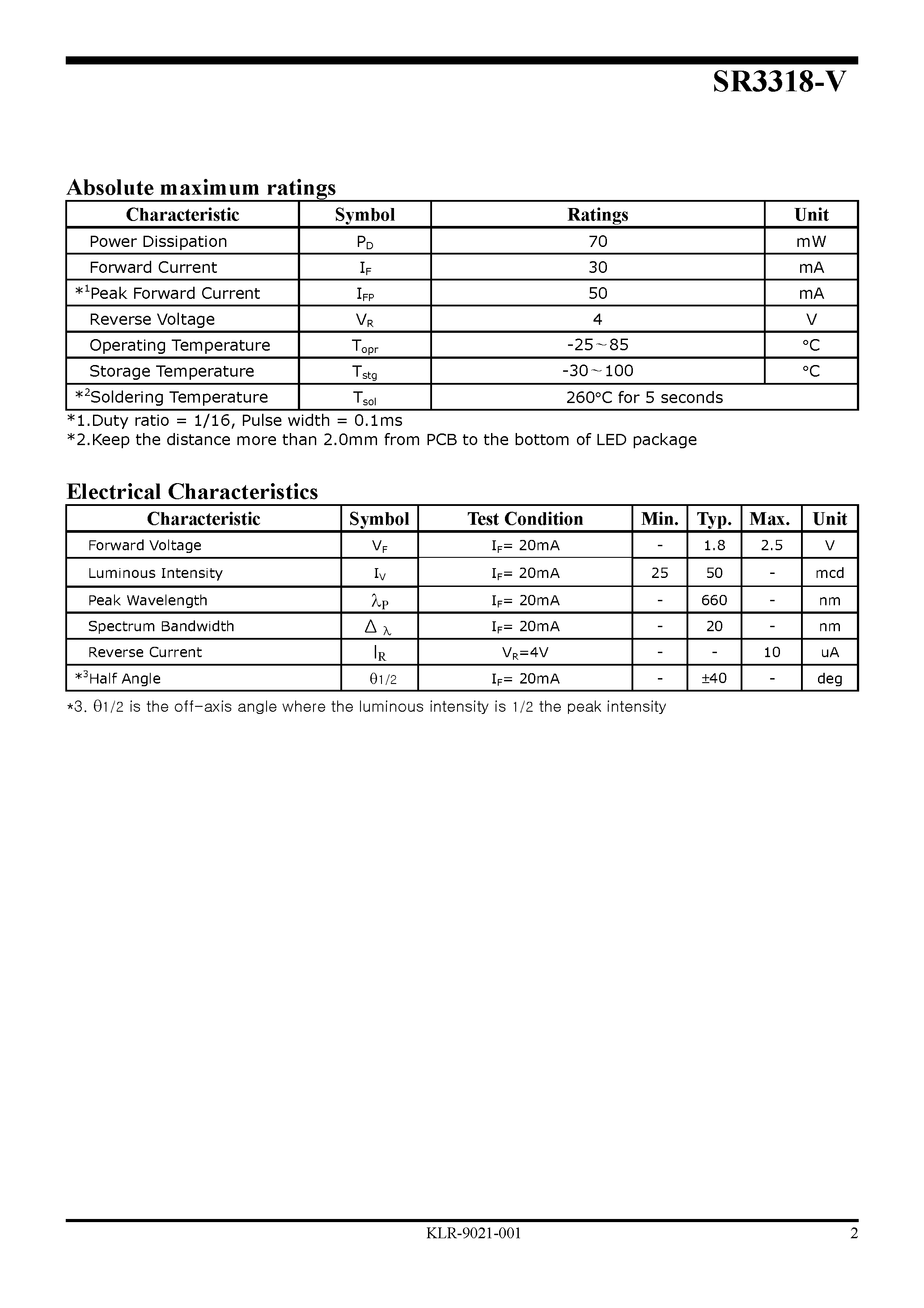 Datasheet SR3318-V - High Brightness LED Lamp page 2