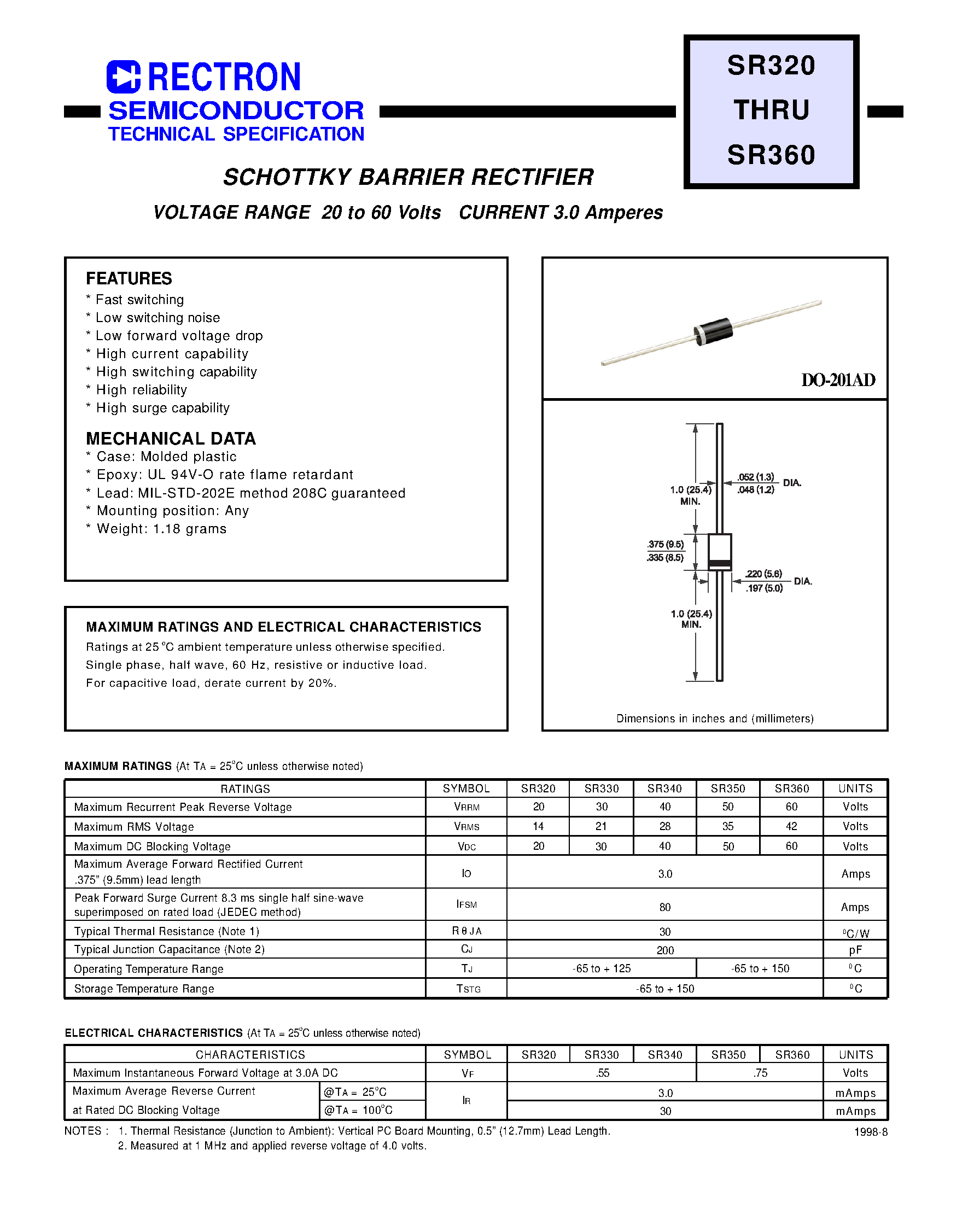Datasheet SR360 - SCHOTTKY BARRIER RECTIFIER (VOLTAGE RANGE 20 to 60 Volts CURRENT 3.0 Amperes) page 1