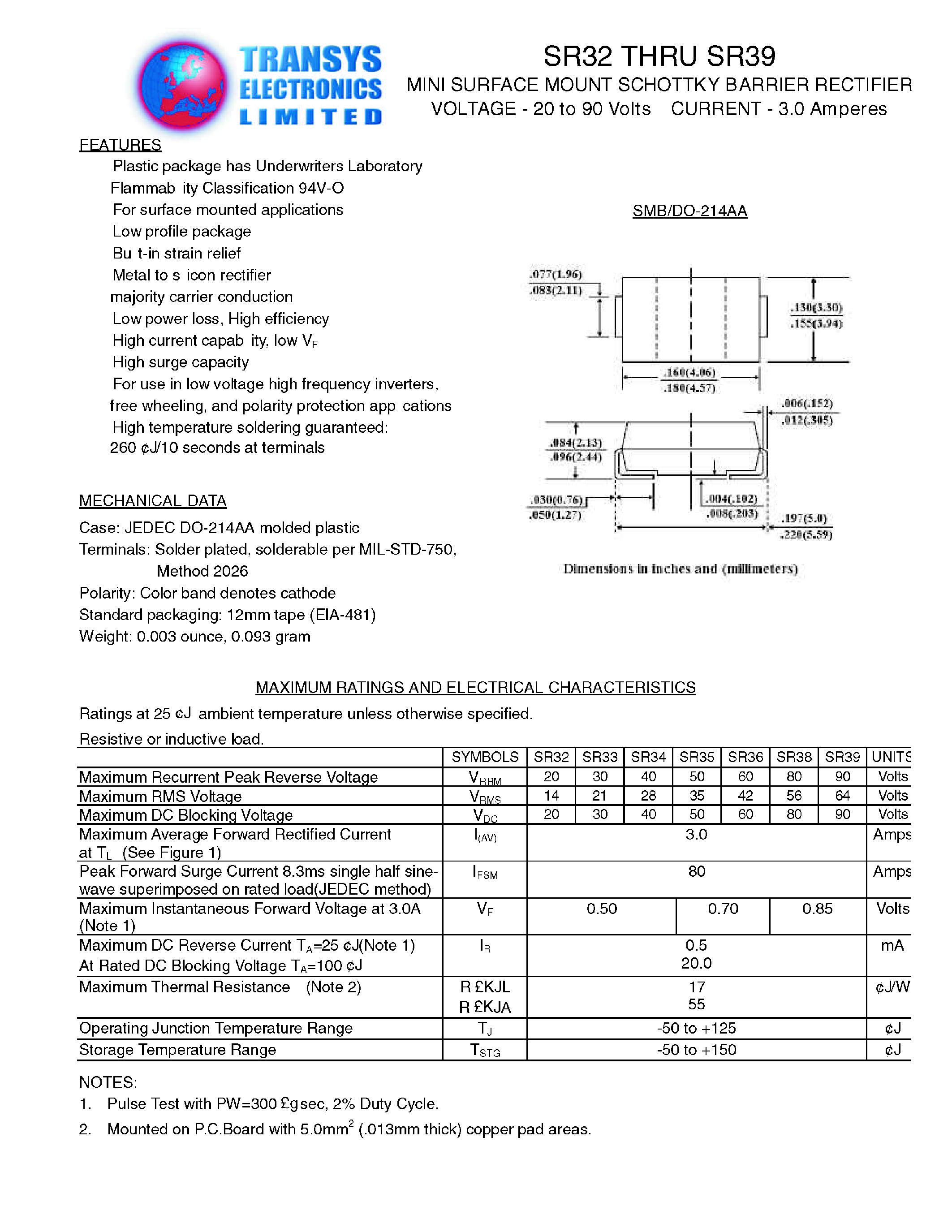 Datasheet SR38 page 1 Datasheet SR38 - MINI SURFACE MOUNT SCHOTTKY BARRIER RECTIFIER page 1