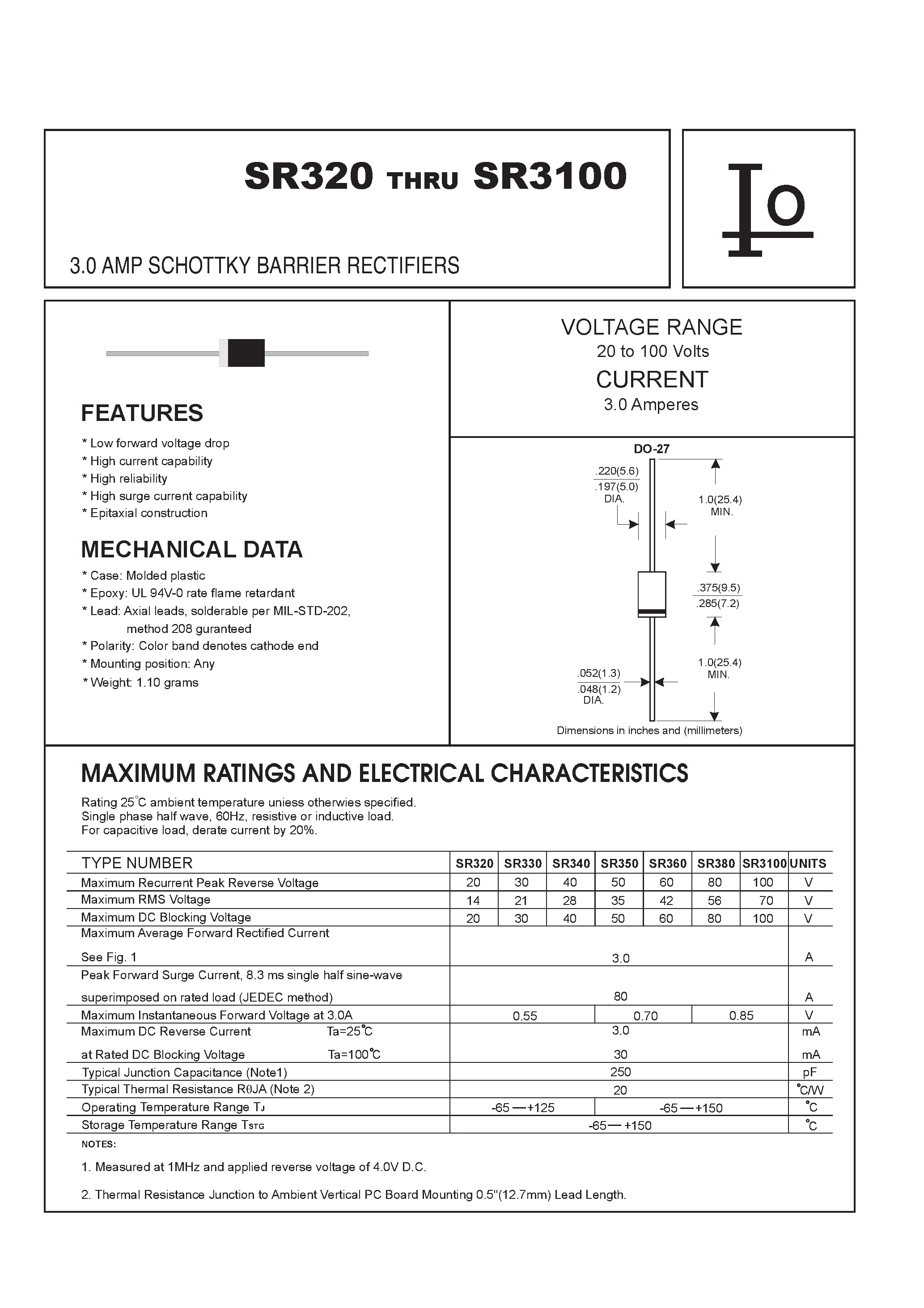 Datasheet SR380 - 3.0 AMP SCHOTTKY BARRIER RECTIFIERS page 1
